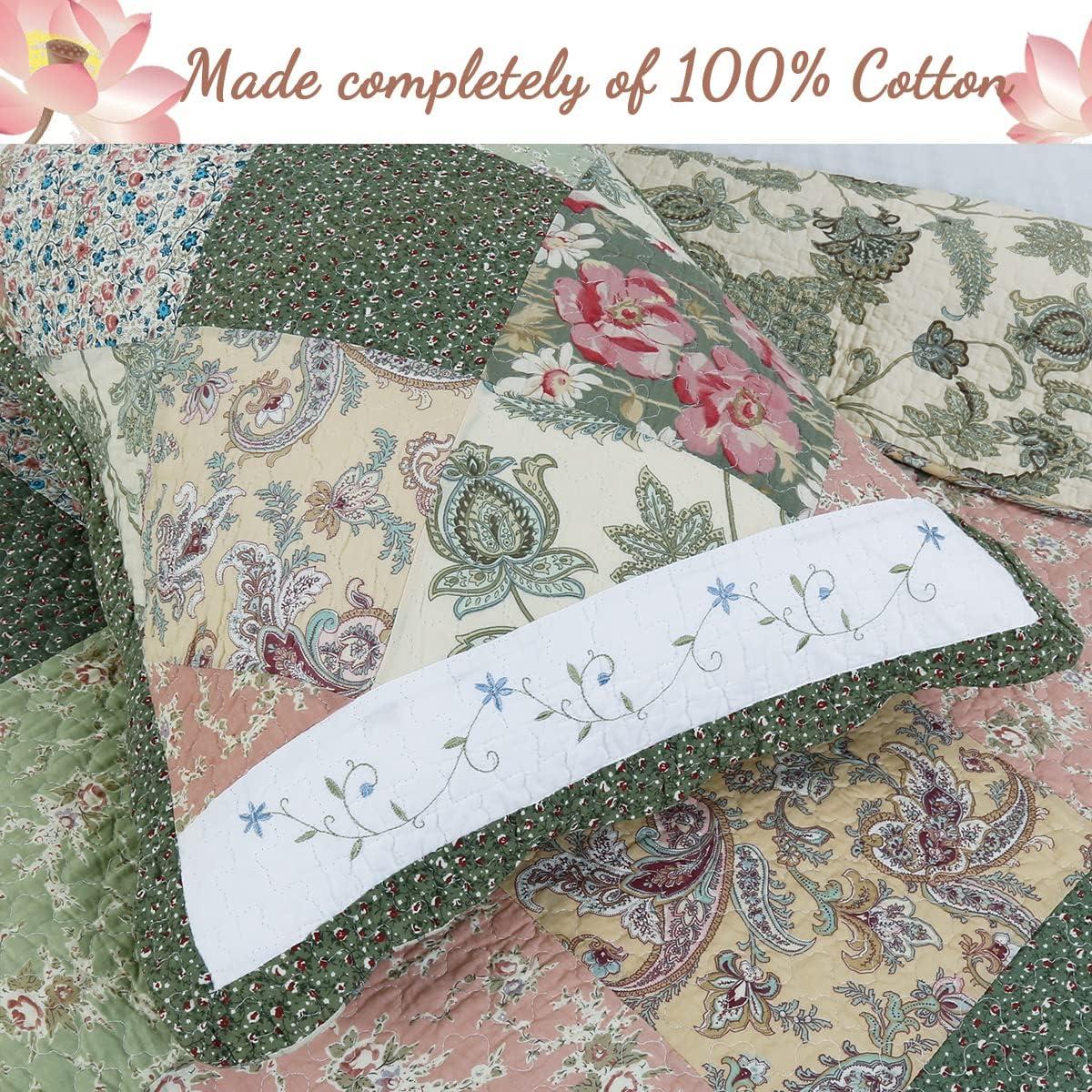 King Size Pink and Green Cotton Reversible Quilt Set