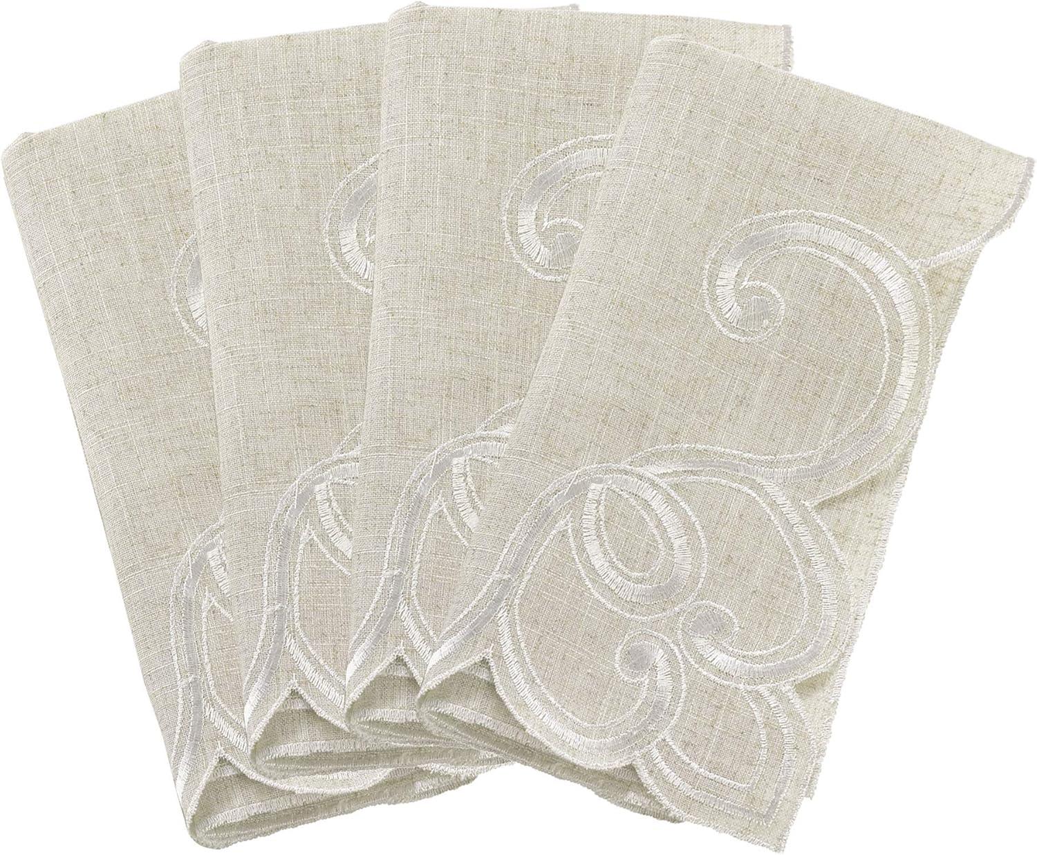 Saro Lifestyle Embroidered Flourish Scallop Design Casual Linen Blend Napkin - Set of 4, 20", Beige