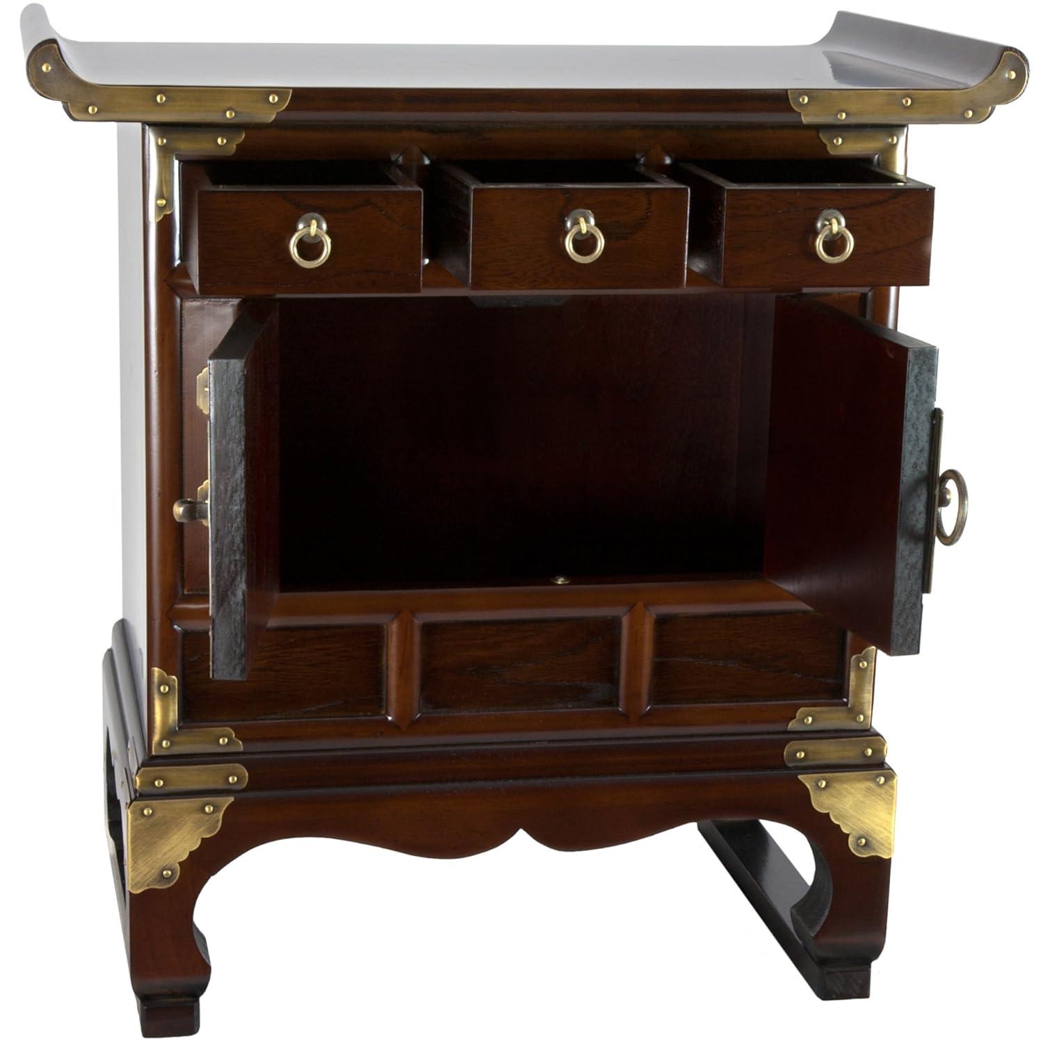 Red Lantern Korean Antique Style 3 Drawer End Table Cabinet, Cognac