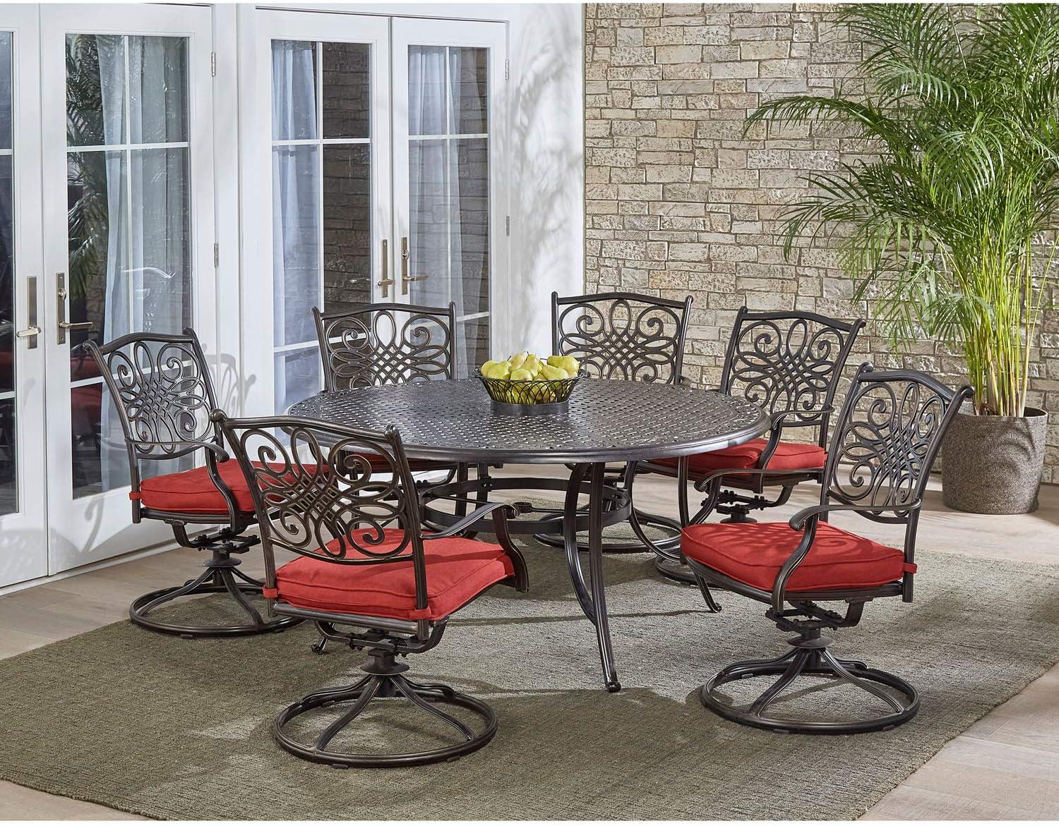 Hanover Traditions 7 Pcs Aluminum Outdoor Dining Set with Cast-top Table, Red