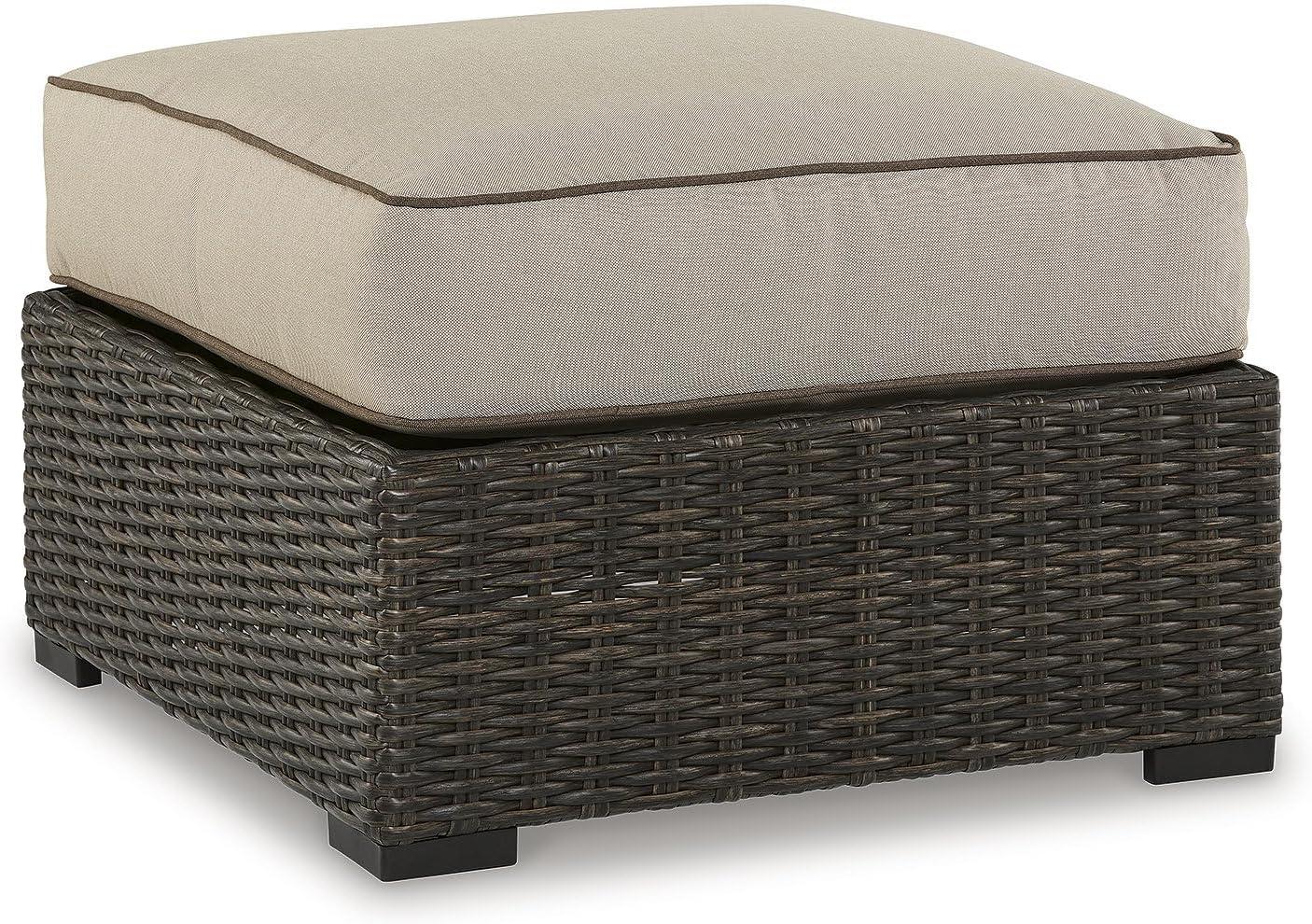 Beige and Brown Outdoor Resin Wicker Ottoman with Cushion