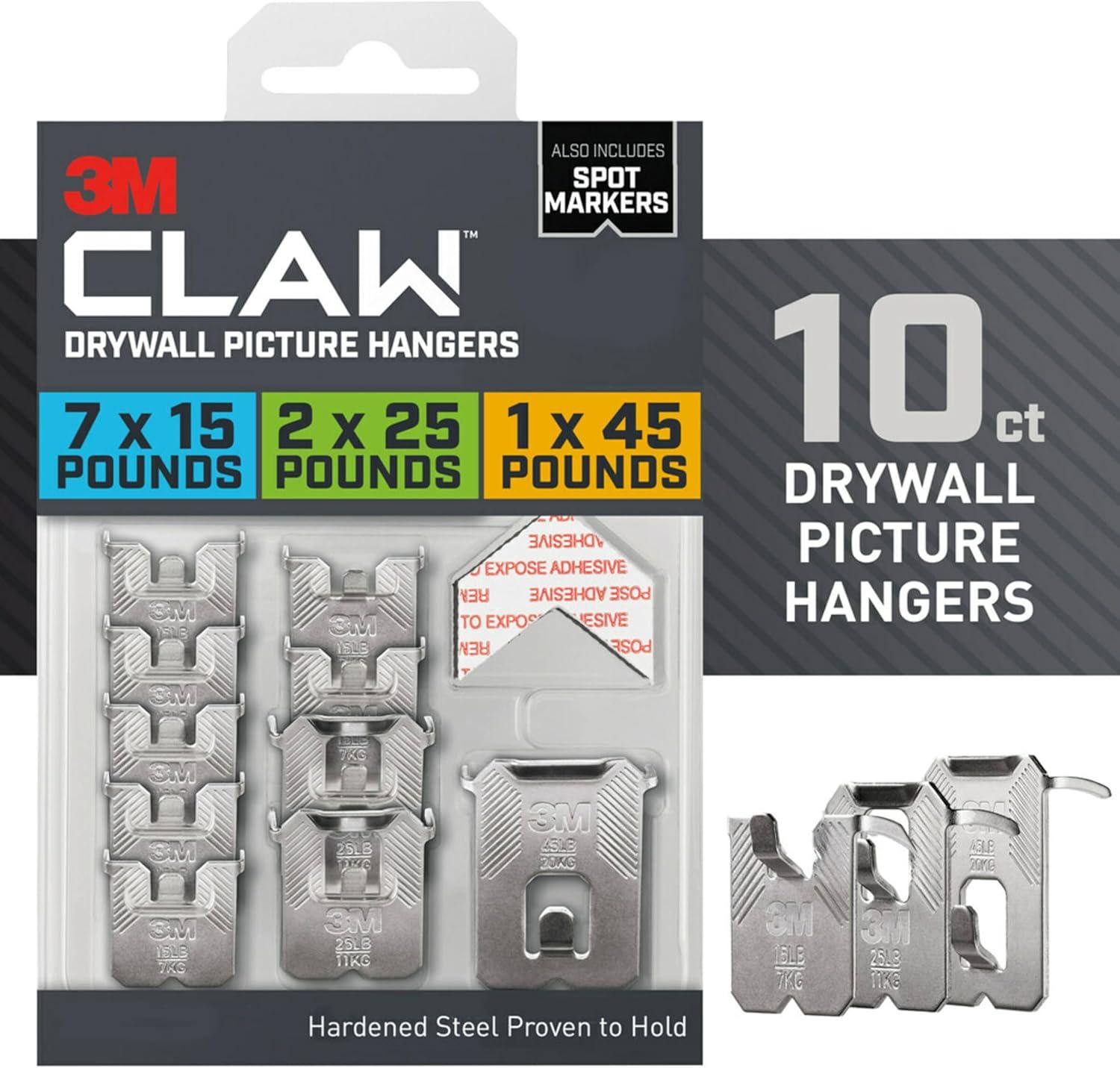 3M Claw Drywall Picture Hanging Kit: Metal Utility Hooks, 45 lb Capacity, 10 Pack, Gray