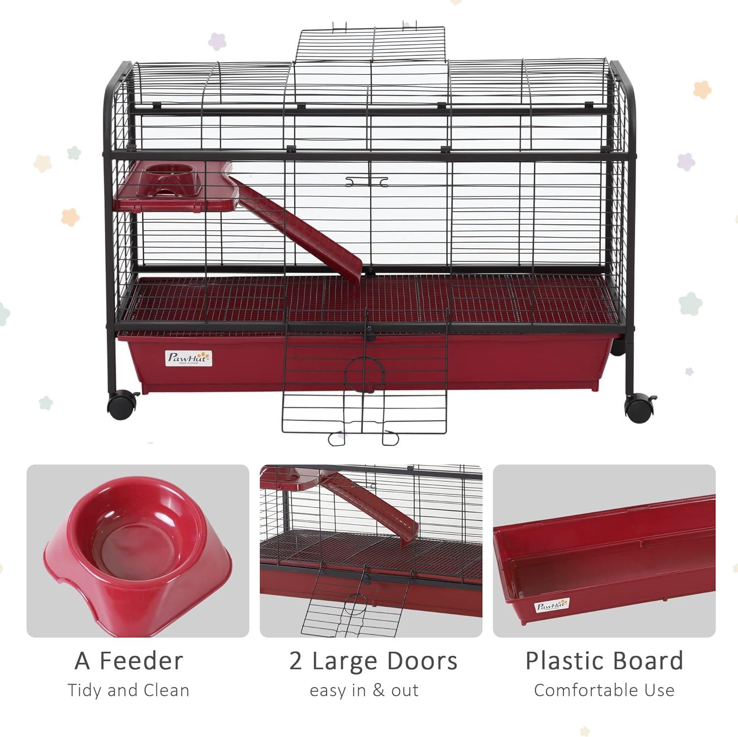 PawHut Small Animal Cage Rabbit Hutch Ferret Pet Play House with Feeder, Rolling Wheels, Platform, Ramp