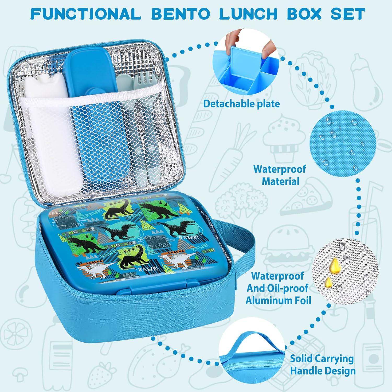 Bento Lunch Box for Kids With 8oz Soup thermo,Leak-proof Lunch Containers with 5 Compartment,thermo Food Jar and Lunch Bag, Food Containers for School (A-Blue(Dinosaur))
