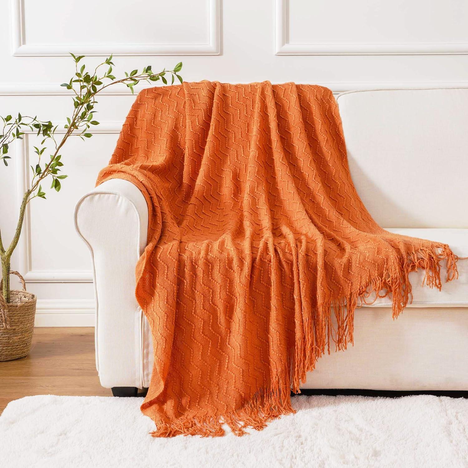 Battilo Burnt Orange Throw Blanket for Couch,Decorative Fall Throw Blanket with Tassels Halloween Throw Fall Decor, 50"x60"