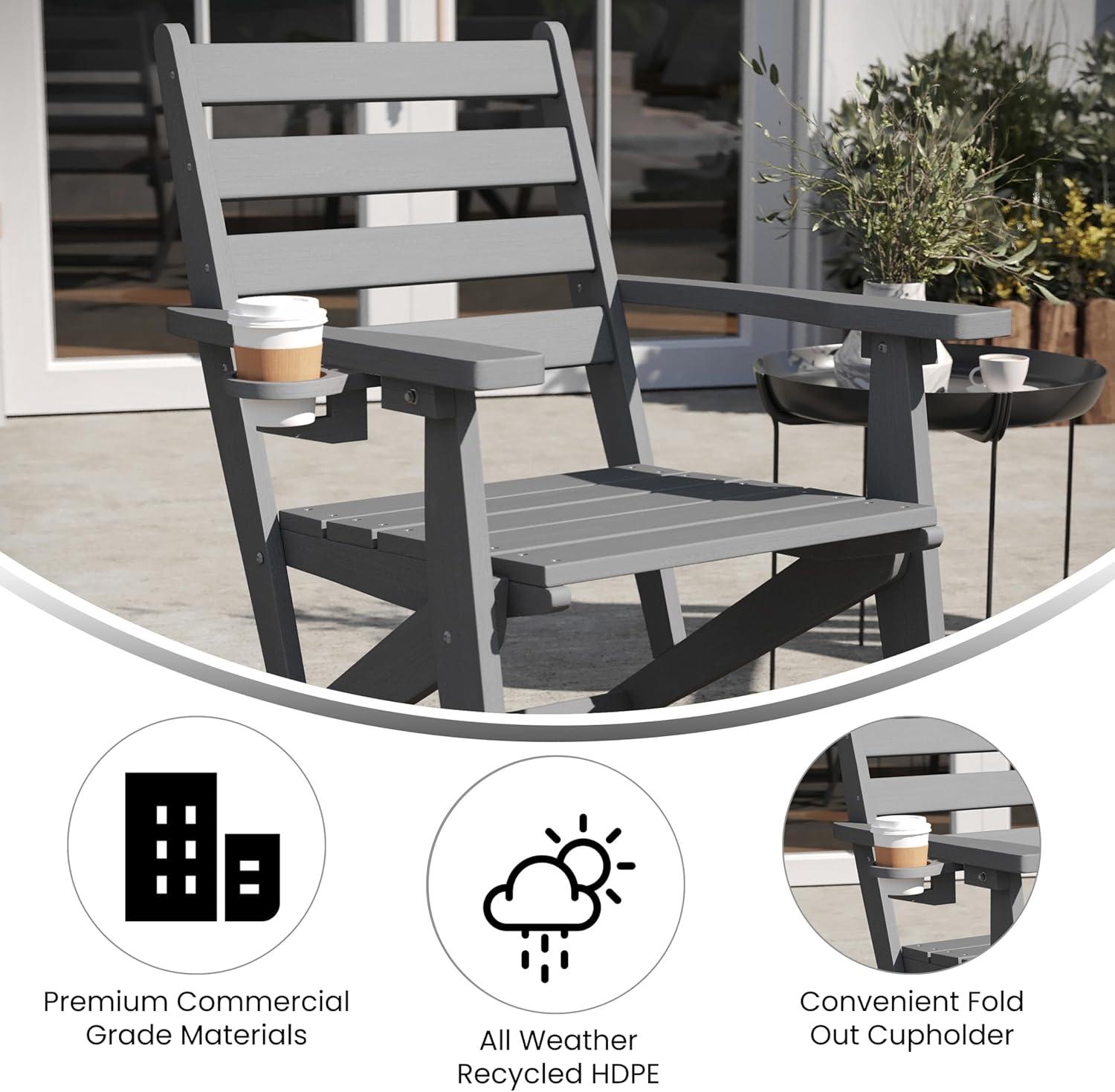 Flash Furniture Tolleson Commercial Grade Adirondack Dining Chair with Fold Out Cup Holder, Weather Resistant Recycled HDPE Adirondack Chair