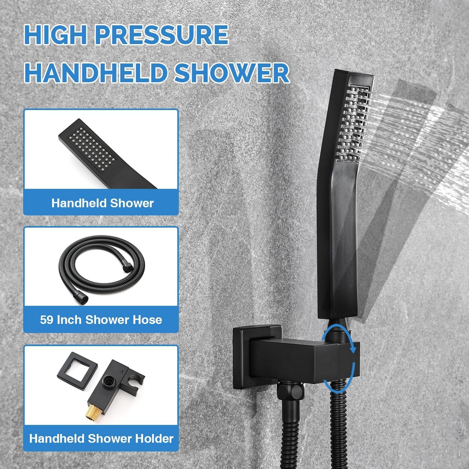 Shower Faucet Set 12" Matte Black Shower Head And Handle Set Rainfall Shower System with Square Rain Shower Head and High Pressure Handheld Spray