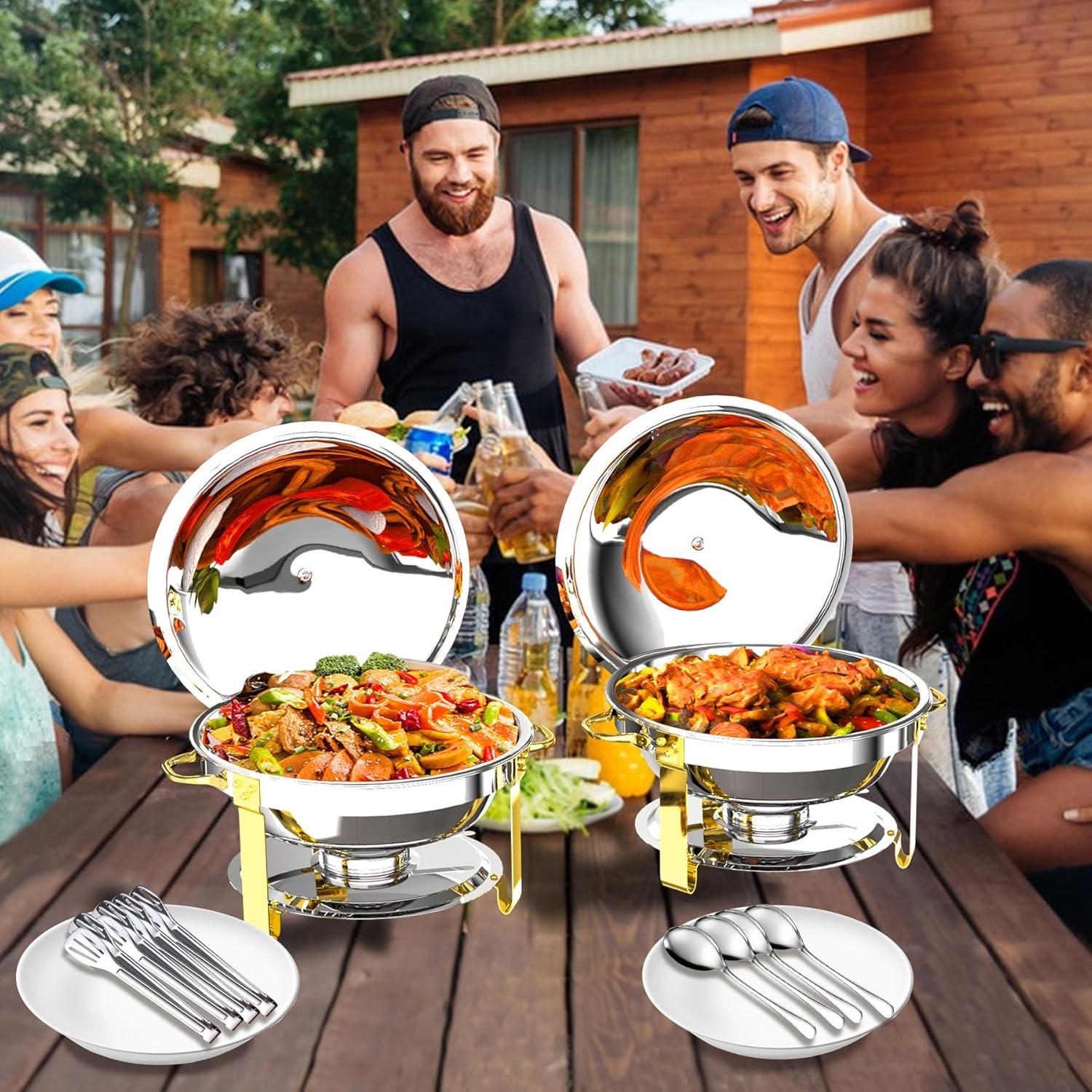 Ktaxon 4 Pack Chafing Dish for Buffet with Lid Holder, 5 Quart Stainless Steel Buffet Set, Round Chafers and Warmers Sets for Party, Catering, Wedding, Banquet, Graduation