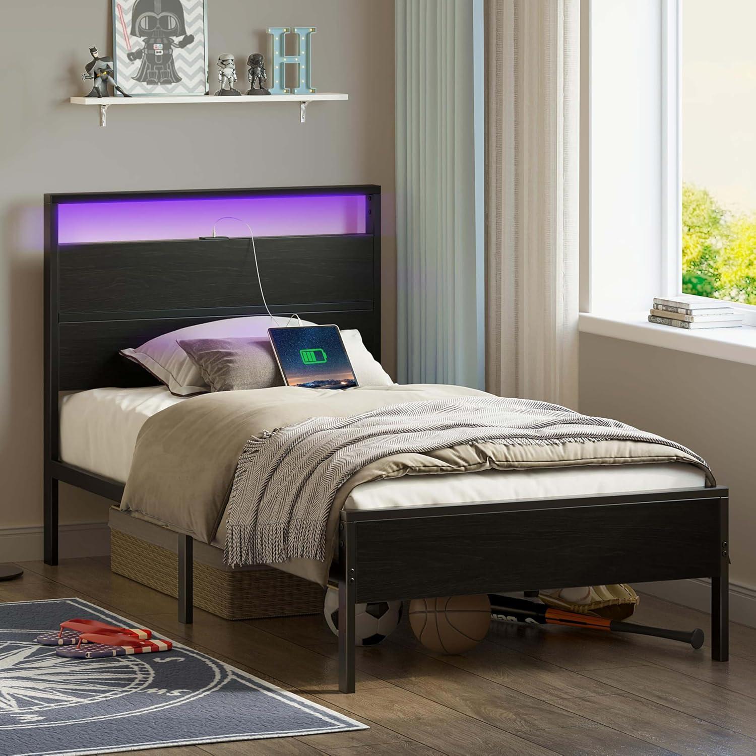 Black Twin Metal Bed Frame with LED Headboard and Storage