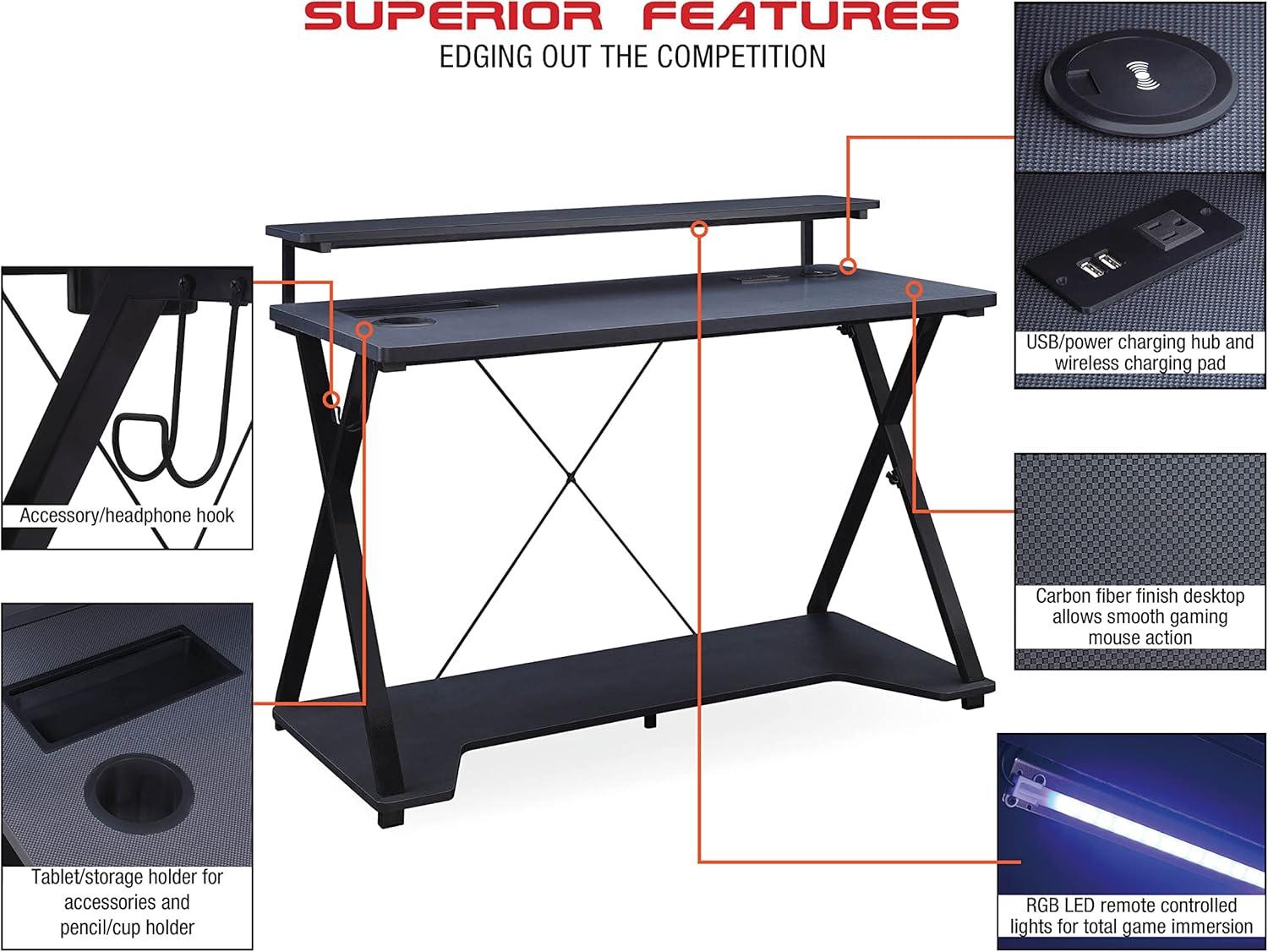 OSP Home Furnishings Checkpoint Ghost Battlestation Gaming Desk with RGB LED Lights