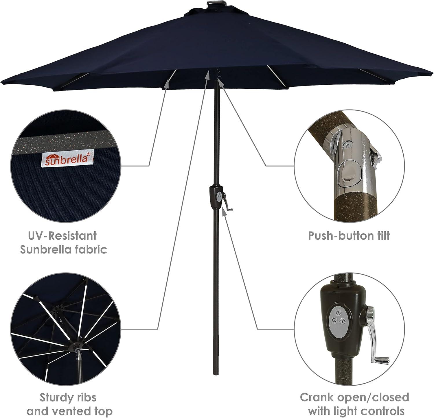 Sunnydaze Outdoor Solution-Dyed Sunbrella Pool Patio Umbrella with Solar LED Light Bars and Tilt - 9' - Navy Blue