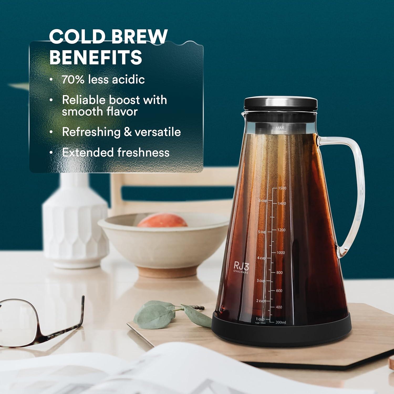 Ovalware Cold Brew Iced Coffee/Tea Maker 1.5L/51oz New RJ3 Clear Glass Carafe Removable Filter