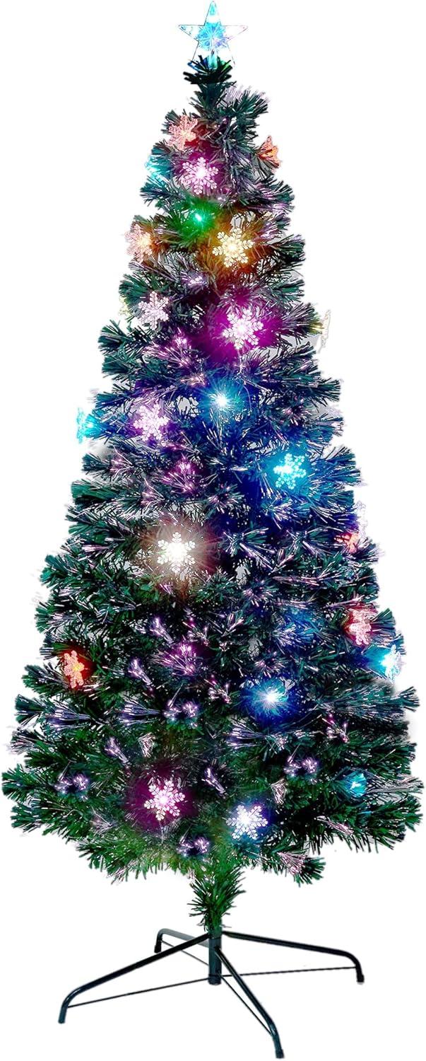 6 ft Pre-Lit Fiber Optic Christmas Tree with RGB LED Lights and Snowflakes