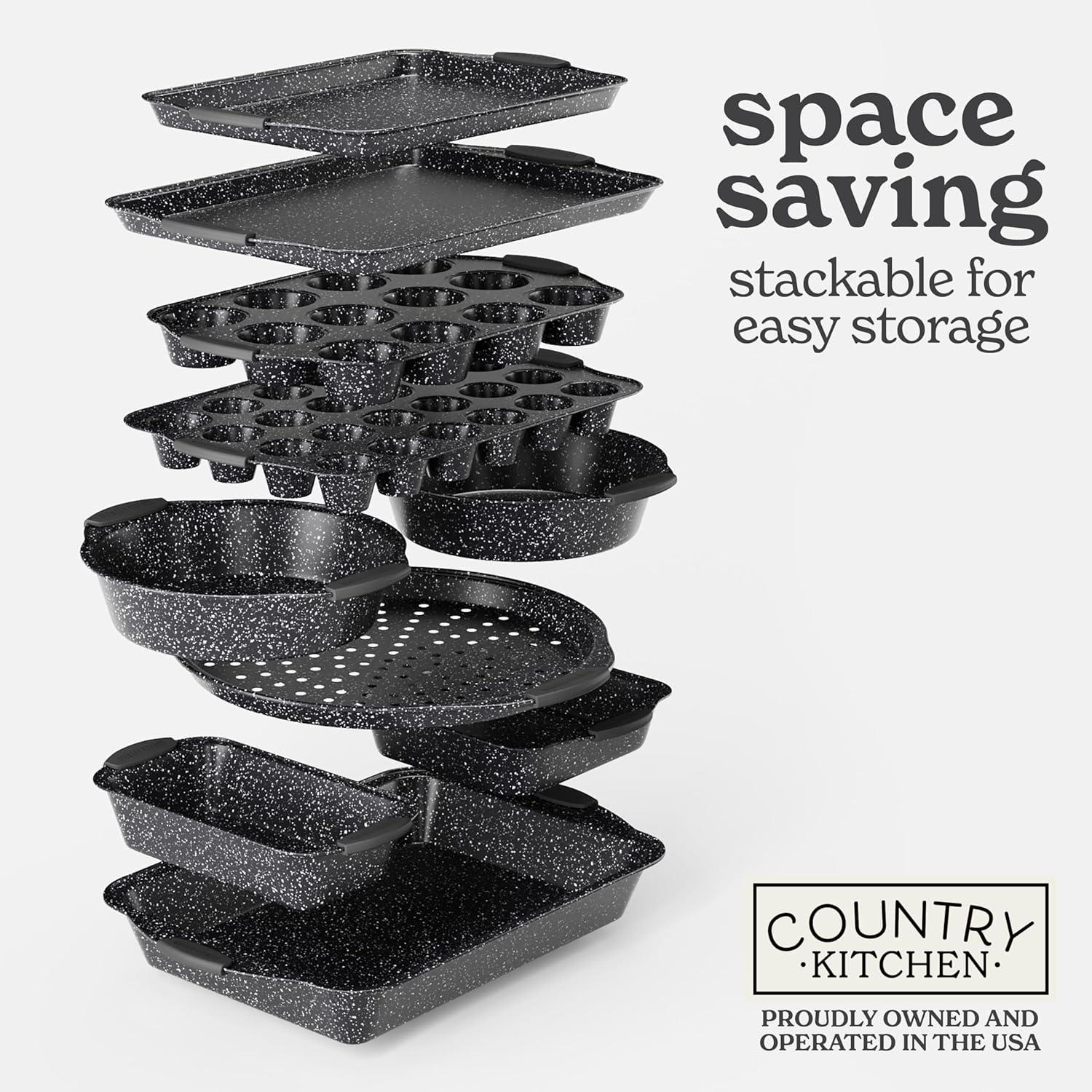 Black Nonstick Stackable Bakeware Set with Silicone Handles, 10 Pieces