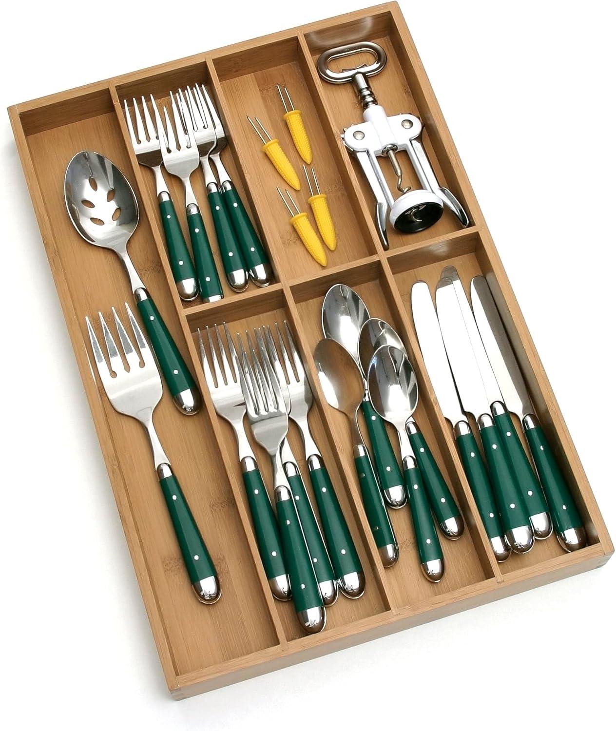 Bamboo Wood 7-Compartment Flatware Organizer