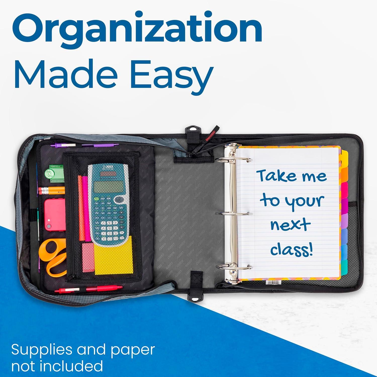 Case-it 3" Nylon Round Ring Zip Binder with Internal/External Pockets Black: Zipper Binder, 575 Sheet Capacity, 8 Pockets