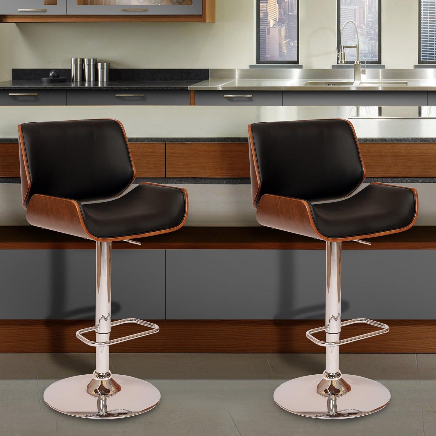 London Swivel Barstool Black/Walnut - Armen Living: Chrome Metal, Adjustable, Faux Leather