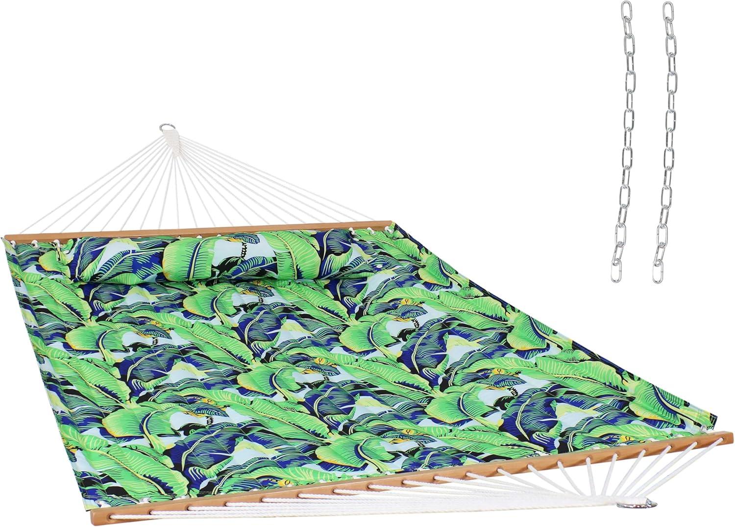 Sunnydaze 2-Person Quilted Printed Fabric Spreader Bar Hammock and Pillow with S Hooks and Hanging Chains - 450 lb Weight Capacity - Exotic Foliage