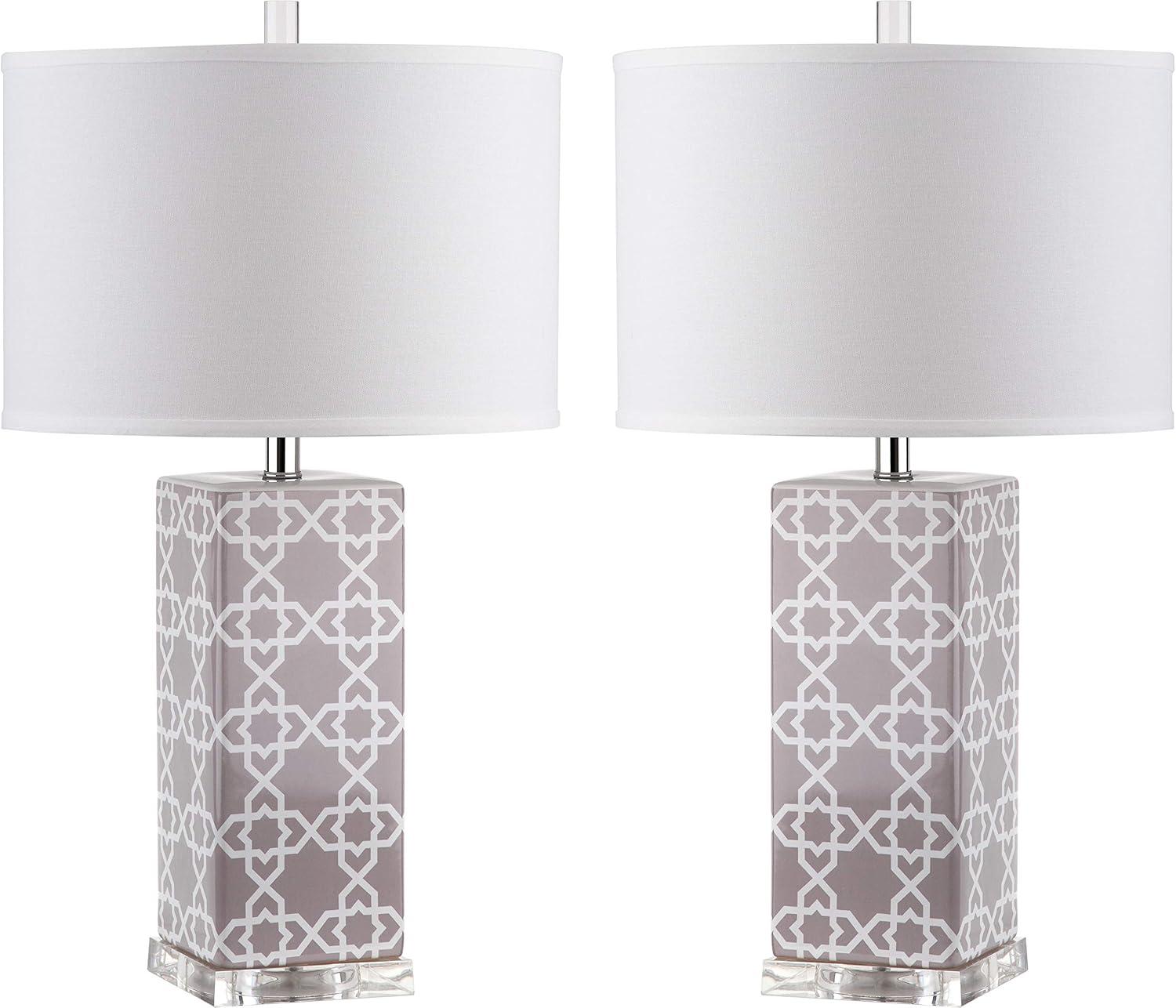 Quatrefoil Grey and White Ceramic Table Lamp Set with Cotton Shade