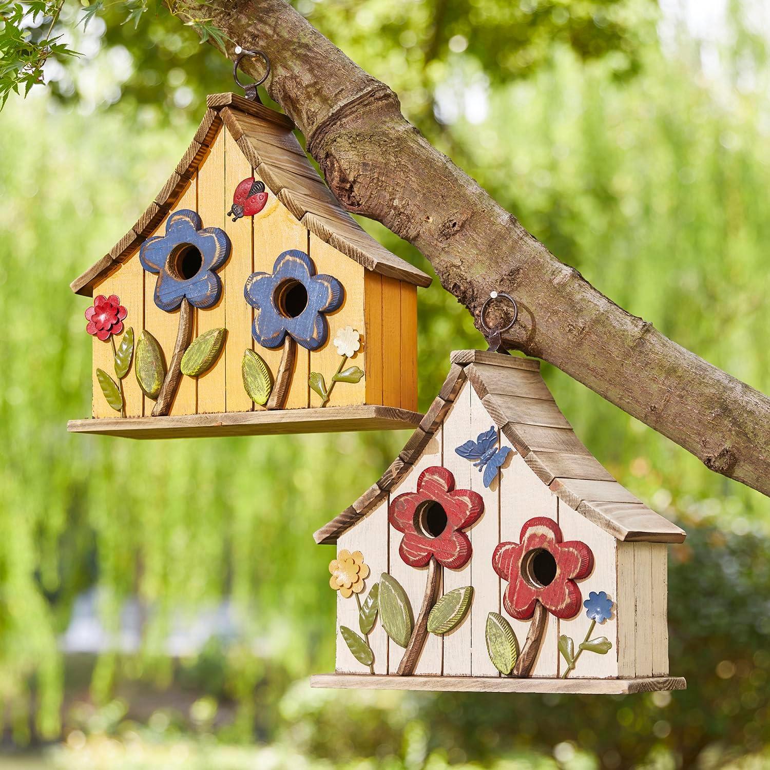 Glitzhome  10"H Multicolor Cute Distressed Solid Wood Birdhouse with 3D Flowers Flower-Orange 10.25"H