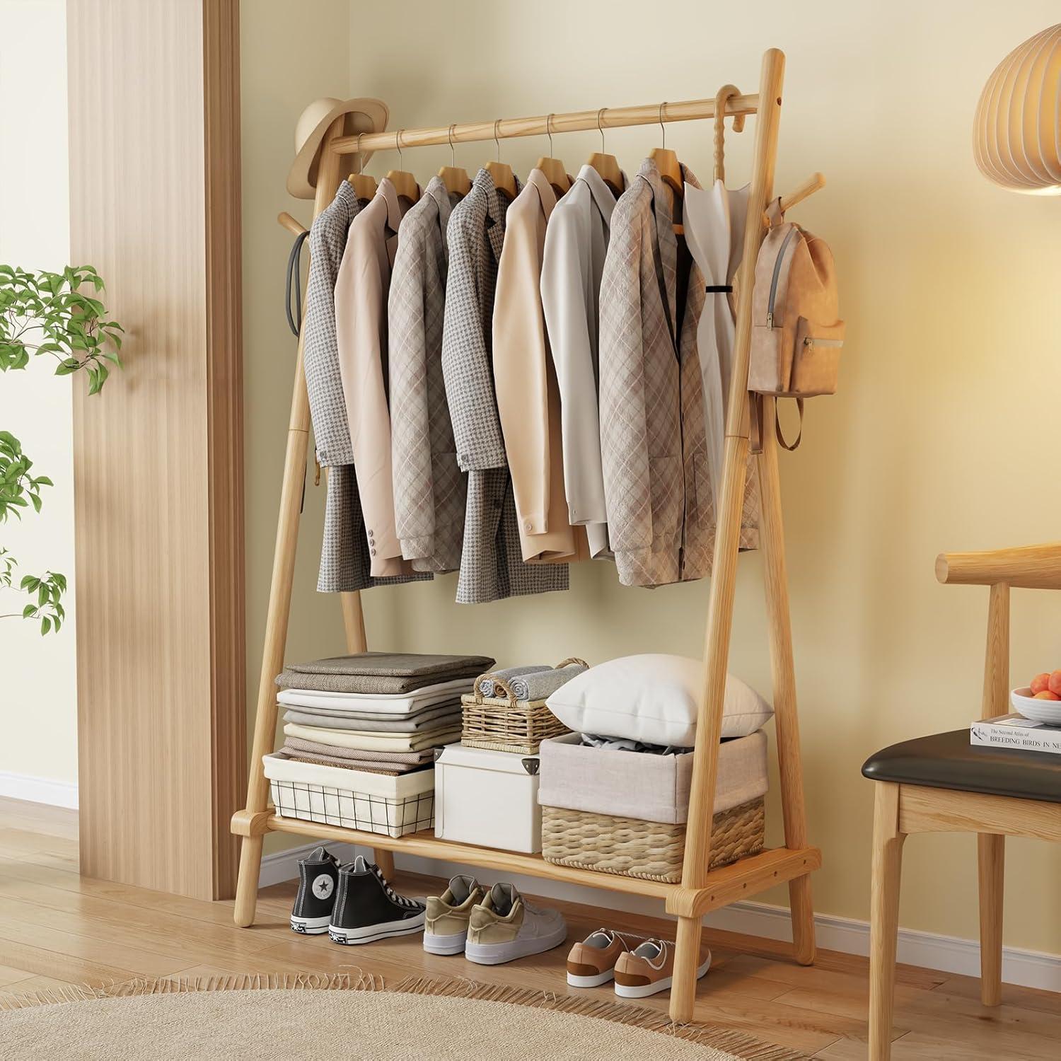 Natural Solid Wood Portable Clothing Rack with Shelf and Hook