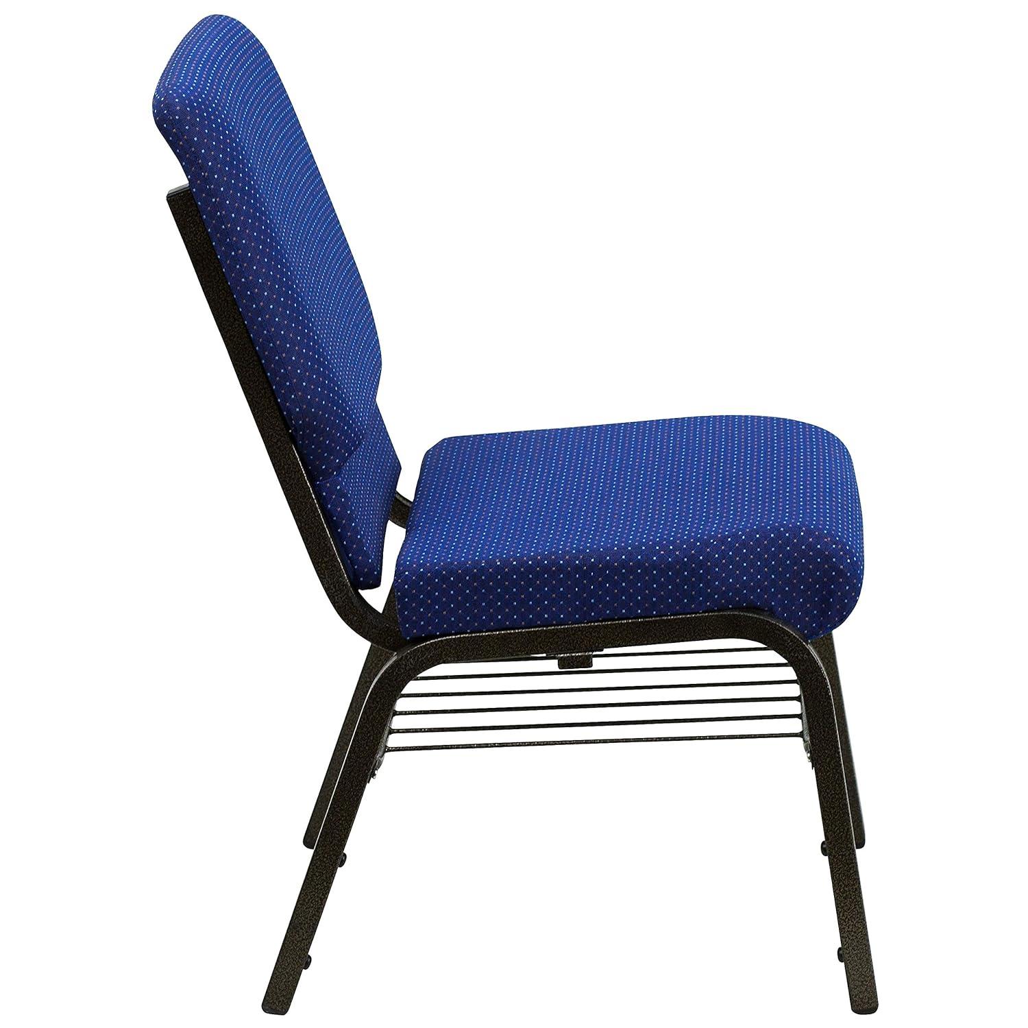 BizChair 18.5''W Church Chair in Navy Blue Patterned Fabric with Book Rack - Gold Vein Frame