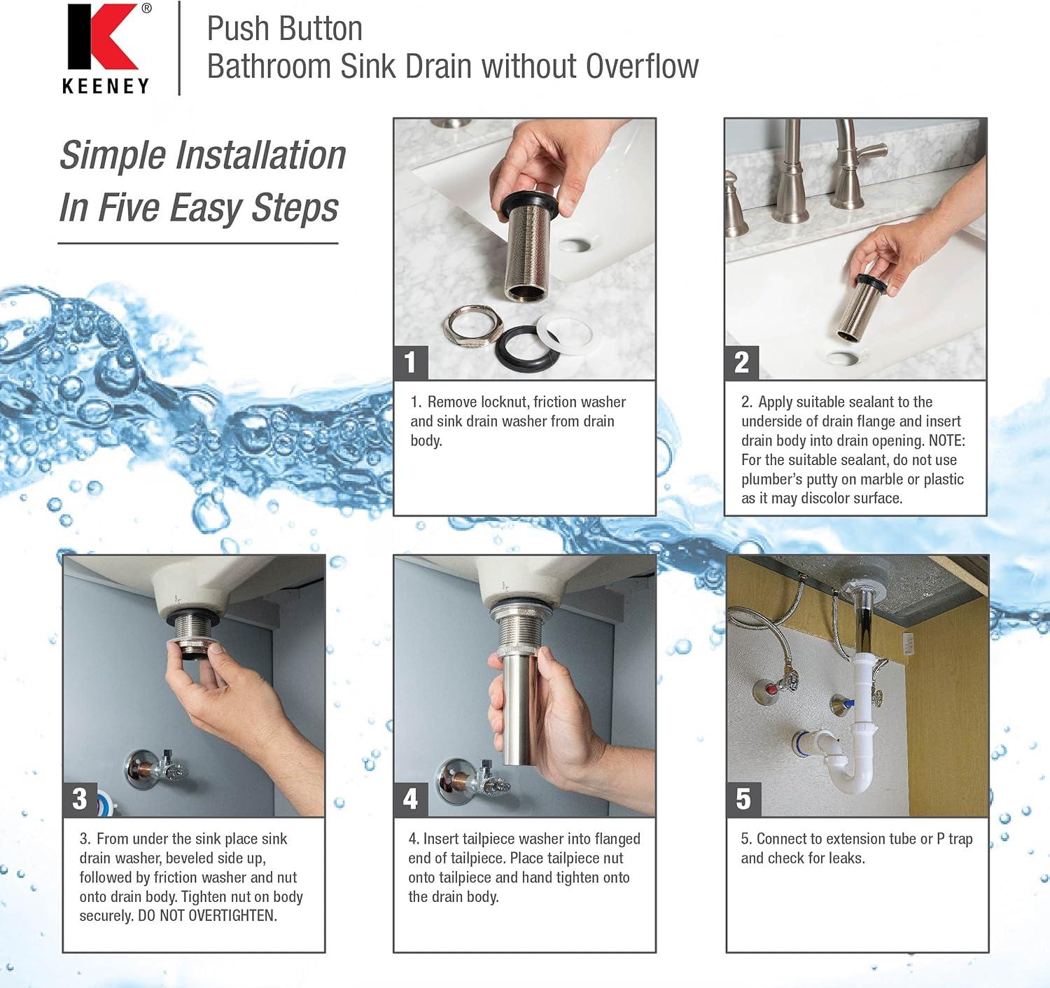 Keeney Decorative Solid Brass Pop-Up Drain for Bathroom Sinks Without Overflow, Chrome