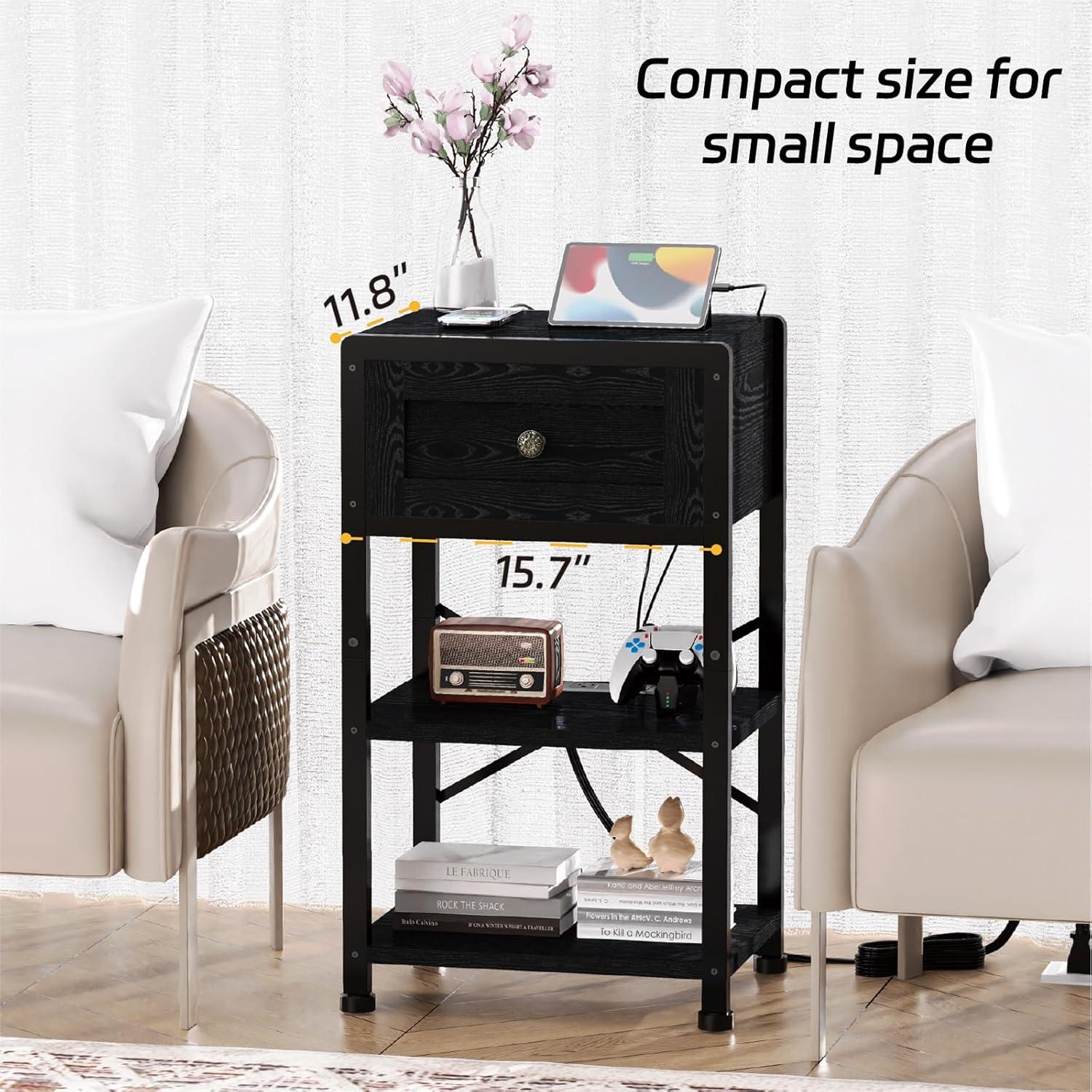 Nightstand End Table with Charging Station, USB Ports, Drawer and Storage Shelf, Black