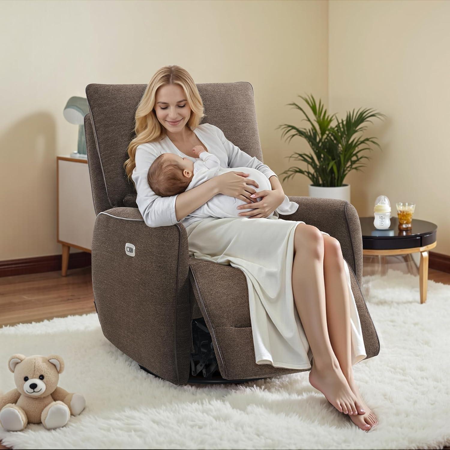 Swivel Glider Power Recliner Chair, Electric Rocker Recliner Chairs with USB Ports For Nursery, Fabric