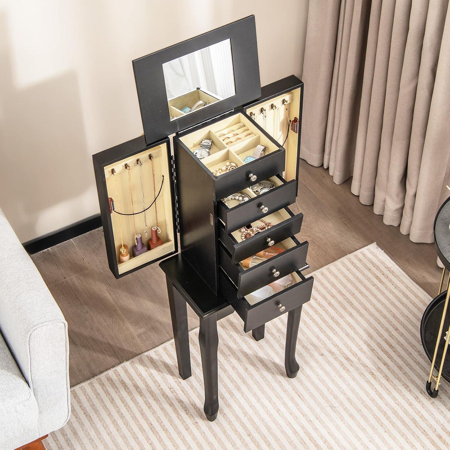 Giantex Jewelry Cabinet Armoire with Top Mirror, 5 Drawers, 2 Swing Doors, Wooden Jewelry Treasure Storage Chest with Large Storage, Standing Jewelry Organizer (Black)