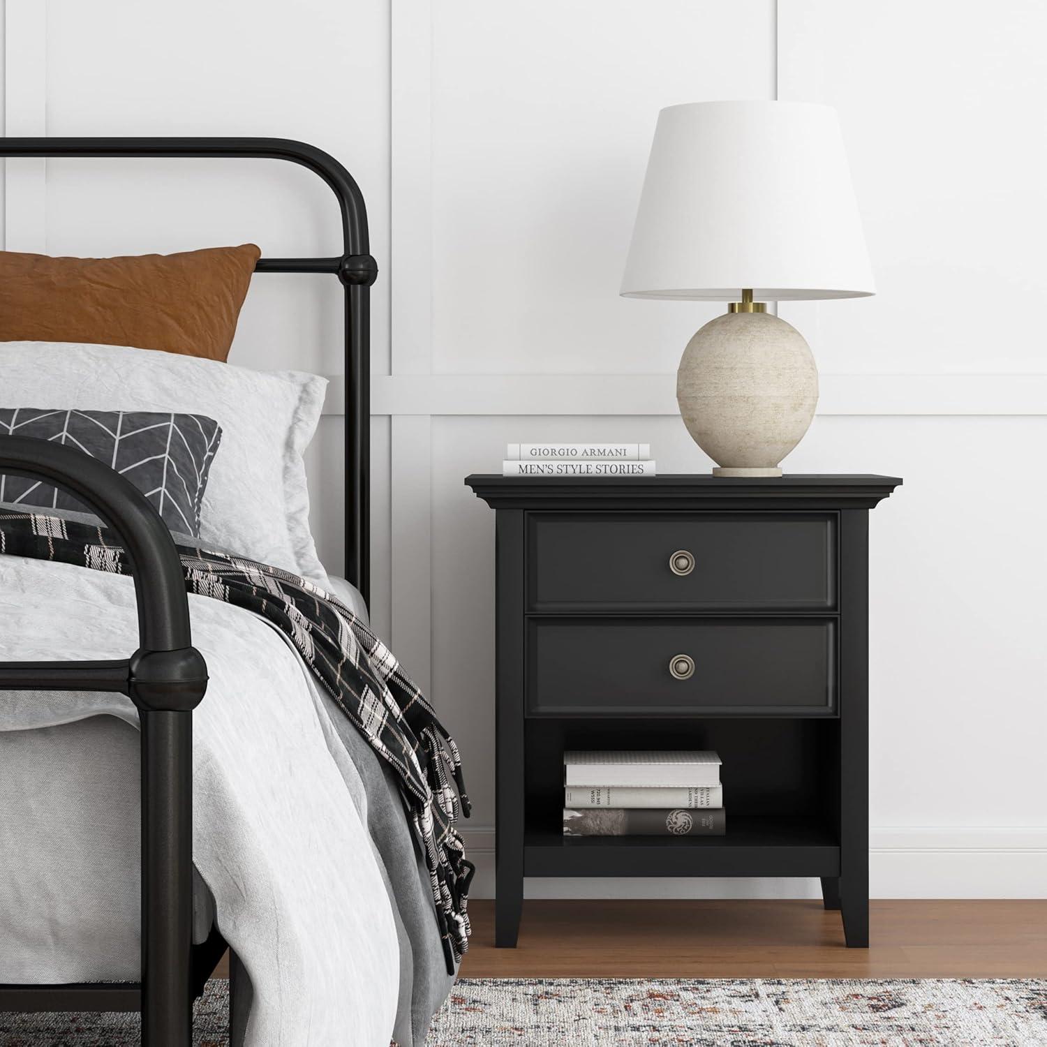 Simpli Home Amherst 24"W 2-Drawer Solid Wood Nightstand with Open Shelf