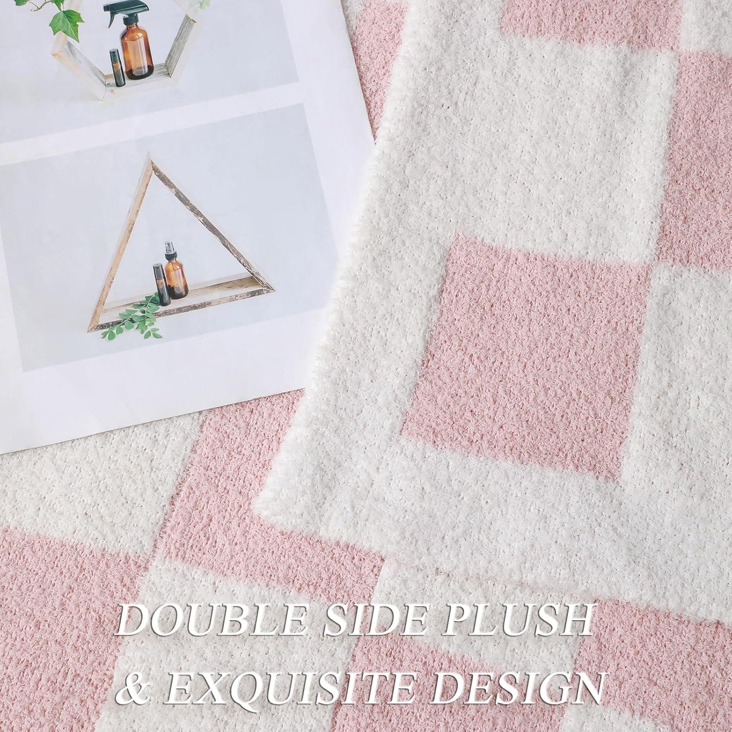 bearberry Fuzzy Checkerboard Grid Throw Blanket Knitted Soft Cozy Warm Microfiber Blanket Decor for Couch Sofa Bed Travel Home (Pink, 40''x50'')