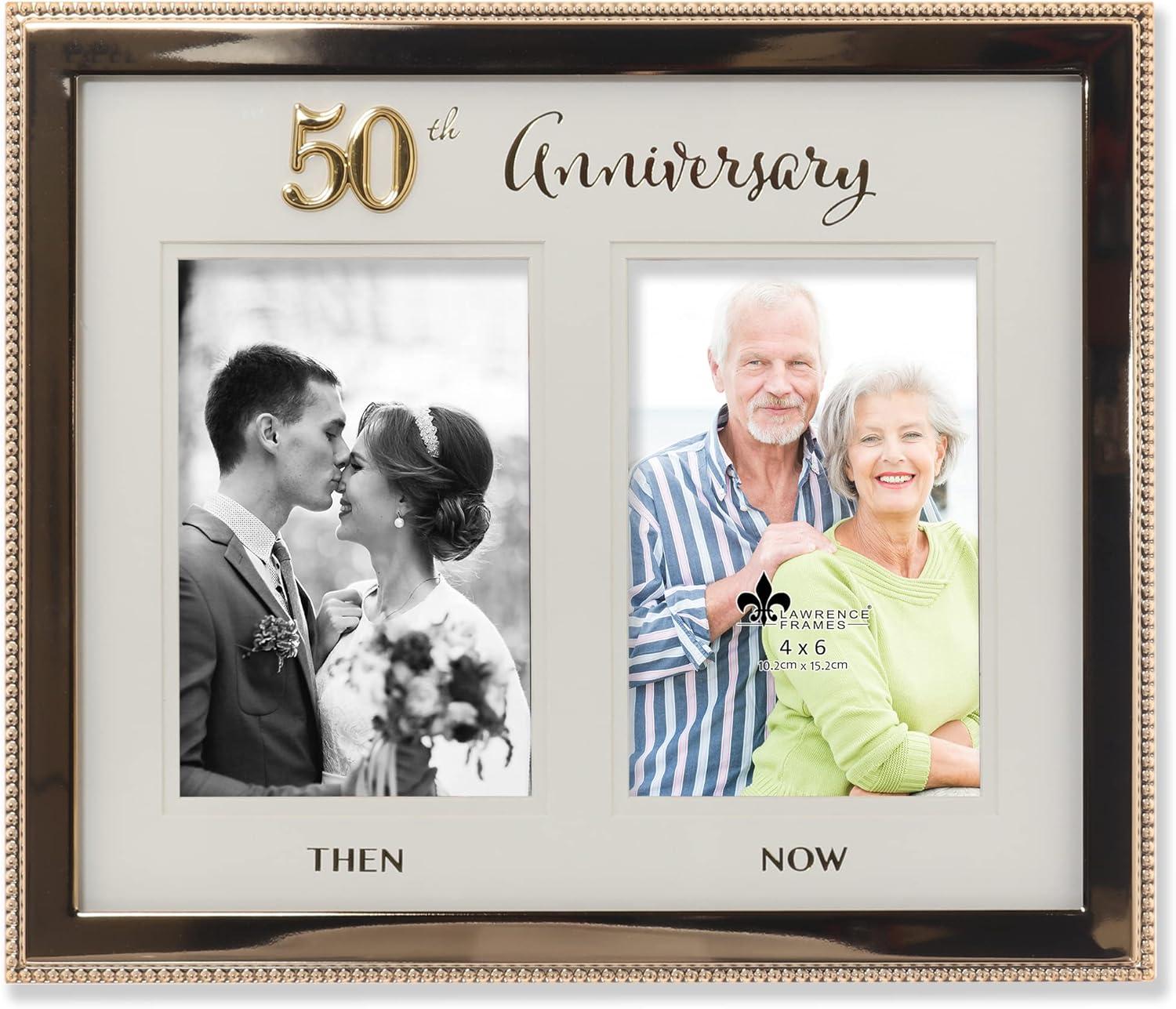 Lawrence Frames 4x6 Double Gold Beaded Metal 50th Anniversary Picture Frame, Then and Now