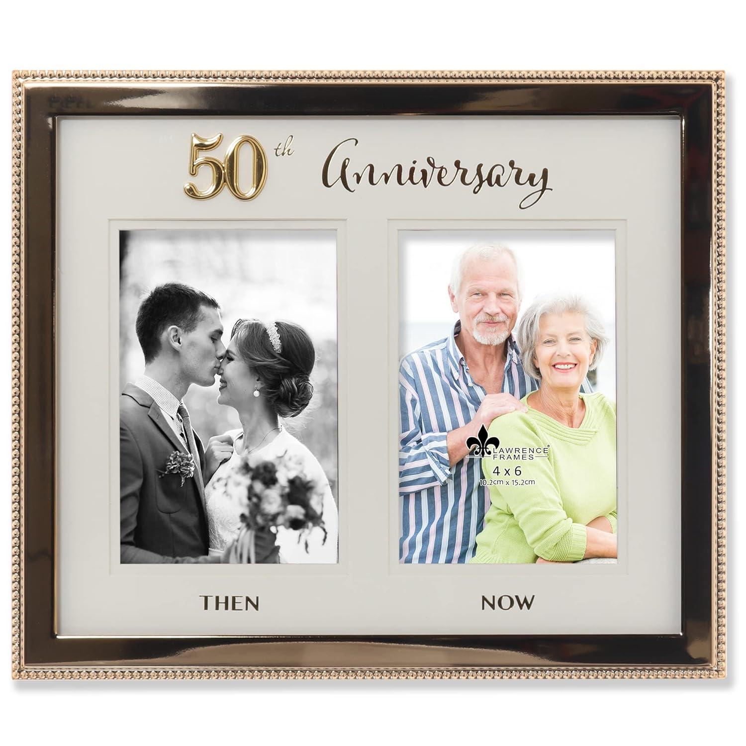 Lawrence Frames 4x6 Double Gold Beaded Metal 50th Anniversary Picture Frame, Then and Now