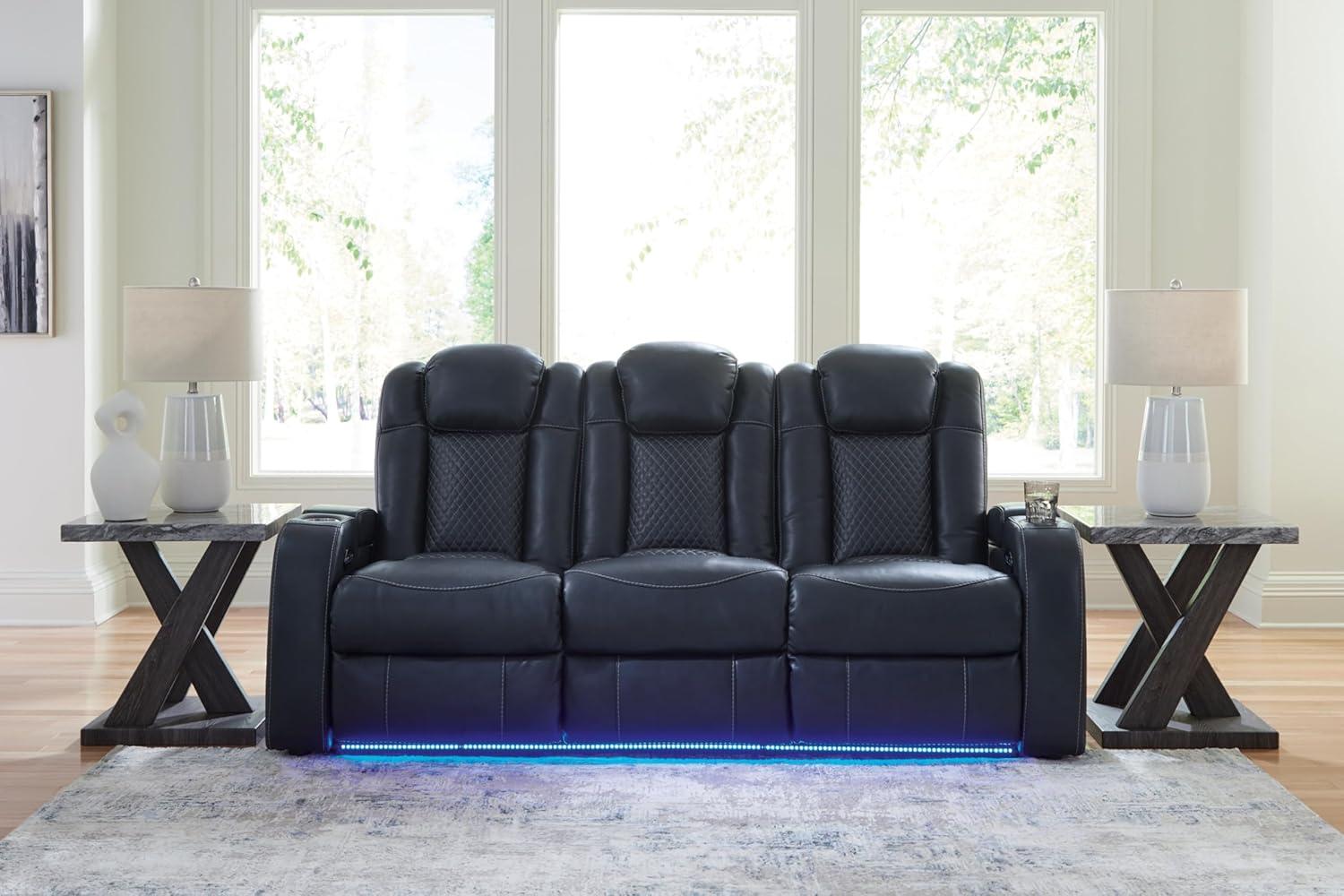 Black Faux Leather Power Reclining Sofa with Cup Holders