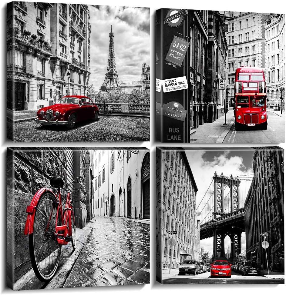 Black and White Wall Decor City Framed Canvas Wall Art for Living Room Red New York London Italy Paris Pictures Cityscape Modern Artworks Bedroom Bathroom Office Kitchen Home Decorations 16×16" 4 Pcs