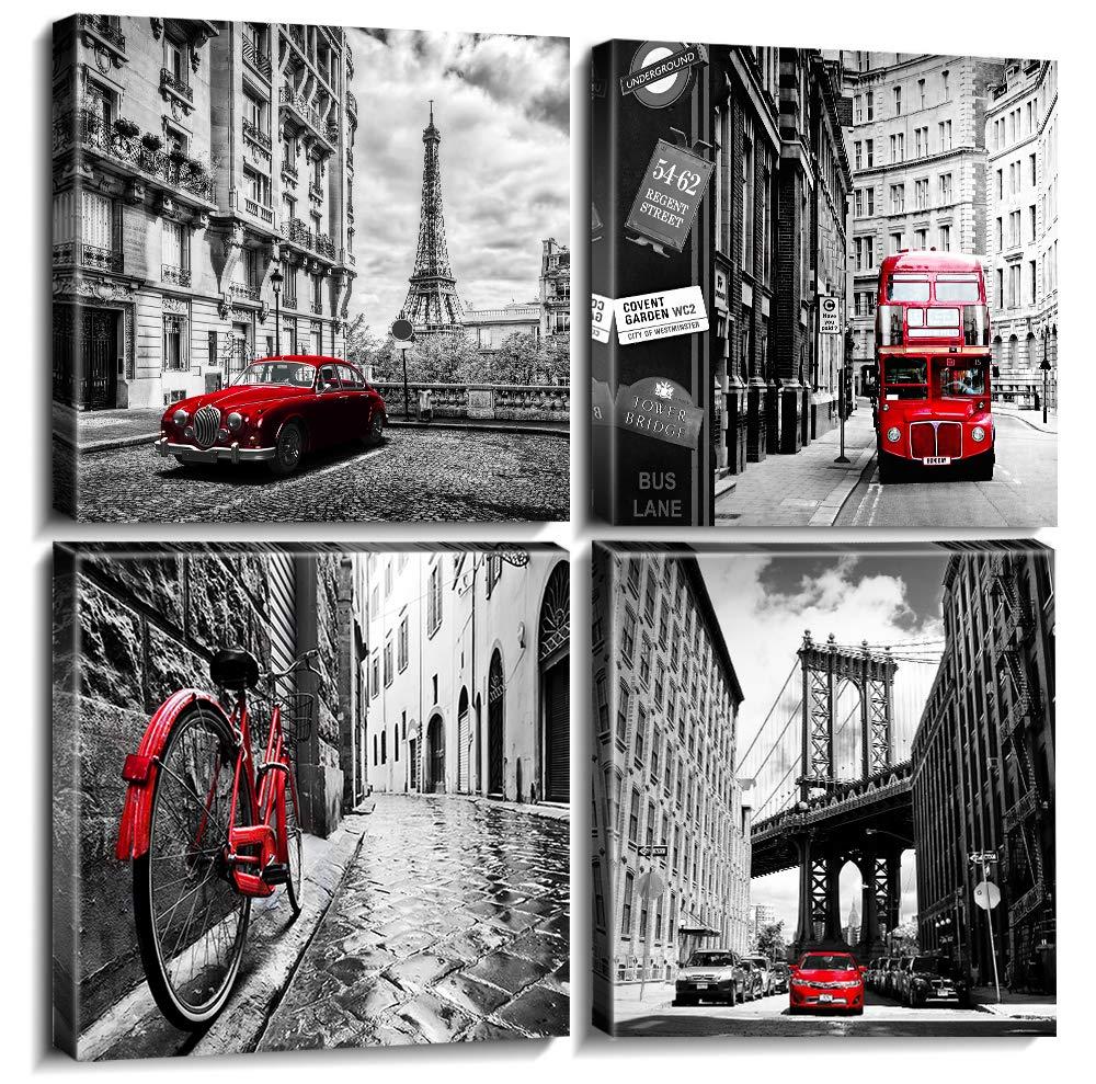 Black and White Wall Art Cityscape Pictures Modern Framed Wall Decor for Bedroom Bathroom Red City New York London Italy Paris Canvas Artworks Living Room Office Kitchen Home Decorations 16×16" 4 Pcs