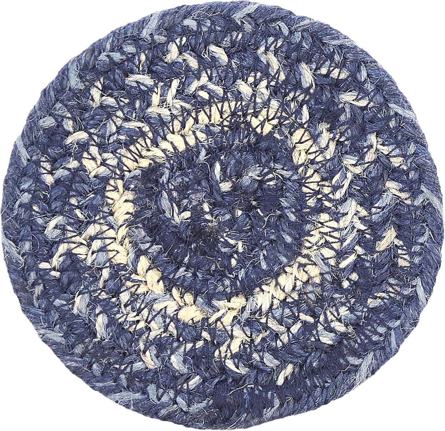VHC Brands Great Falls Blue Coasters, Blue White, Jute Blend, Round Circle, Set of 6 Coasters