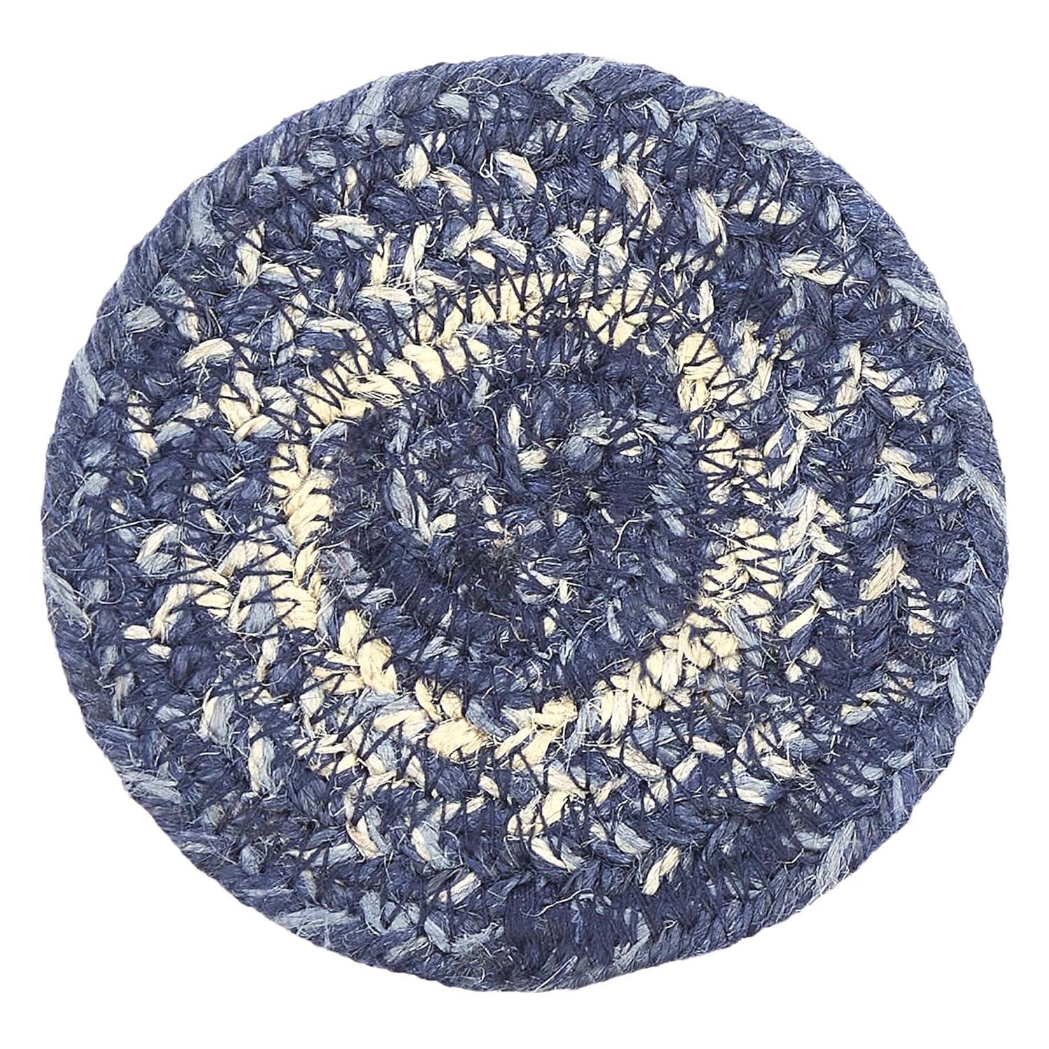 VHC Brands Great Falls Blue Coasters, Blue White, Jute Blend, Round Circle, Set of 6 Coasters