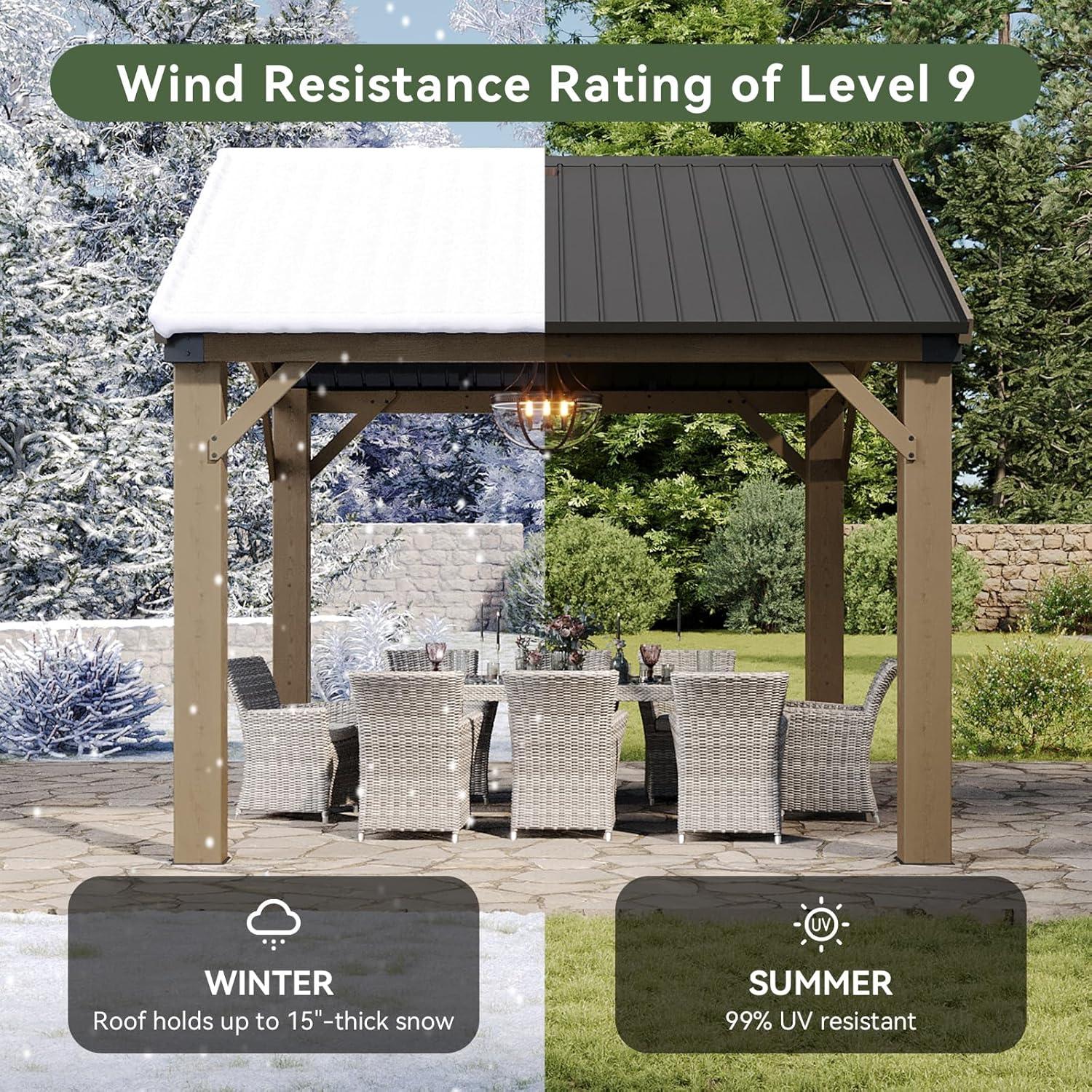 Aoxun 12' x 20' Outdoor Wood Gazebo, Hardtop Gazebo Permanent Wooden Pavilion with Galvanized Steel Gable Roof, for Patio, Garden, Deck, Cedar Wood