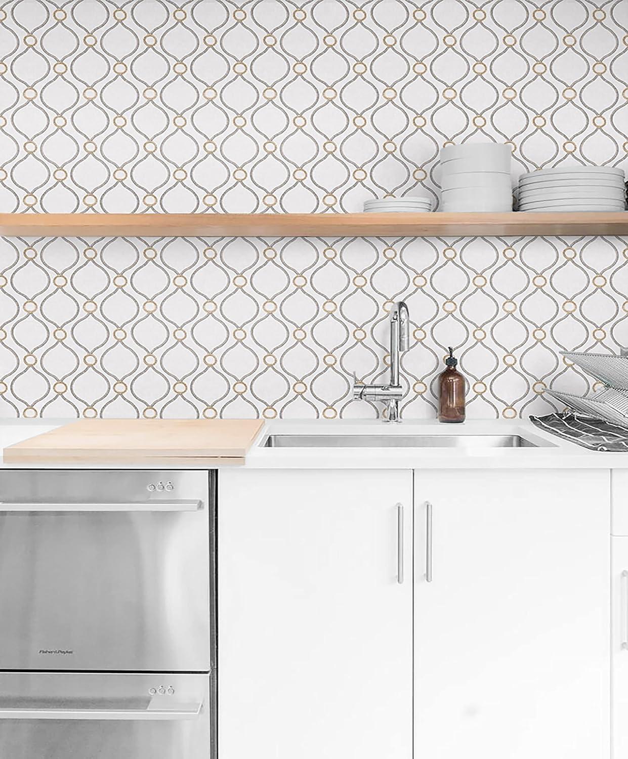 Surface Style - Peel and Stick Wallpaper, Geometric Wallpaper for Bedroom, Powder Room, Kitchen, Self Adhesive, Vinyl, 30.75 Sq Ft Coverage (Curveball Collection, Platinum)