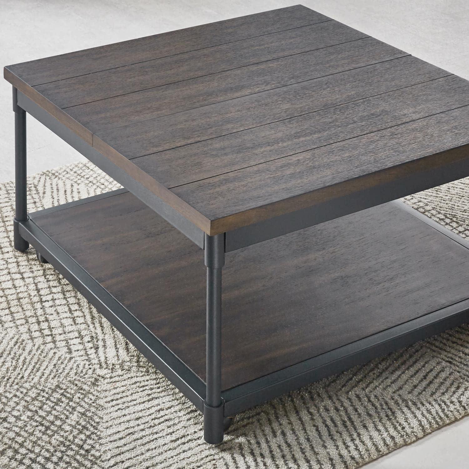 Transitional Prescott 36" Square Lift-Top Cocktail Table in Brown and Black