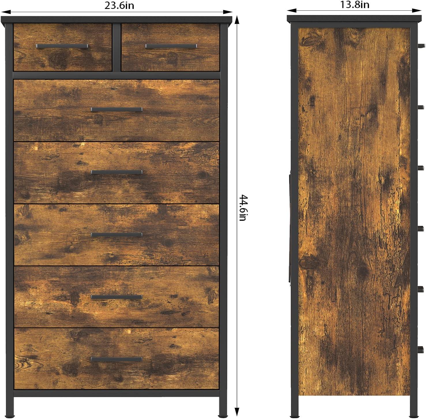 IKENO 7 Drawer Dresser, Industrial Wood Storage Dressers & Chests of Drawers with Sturdy Steel Frame, Storage Dresser for Bedroom Wood