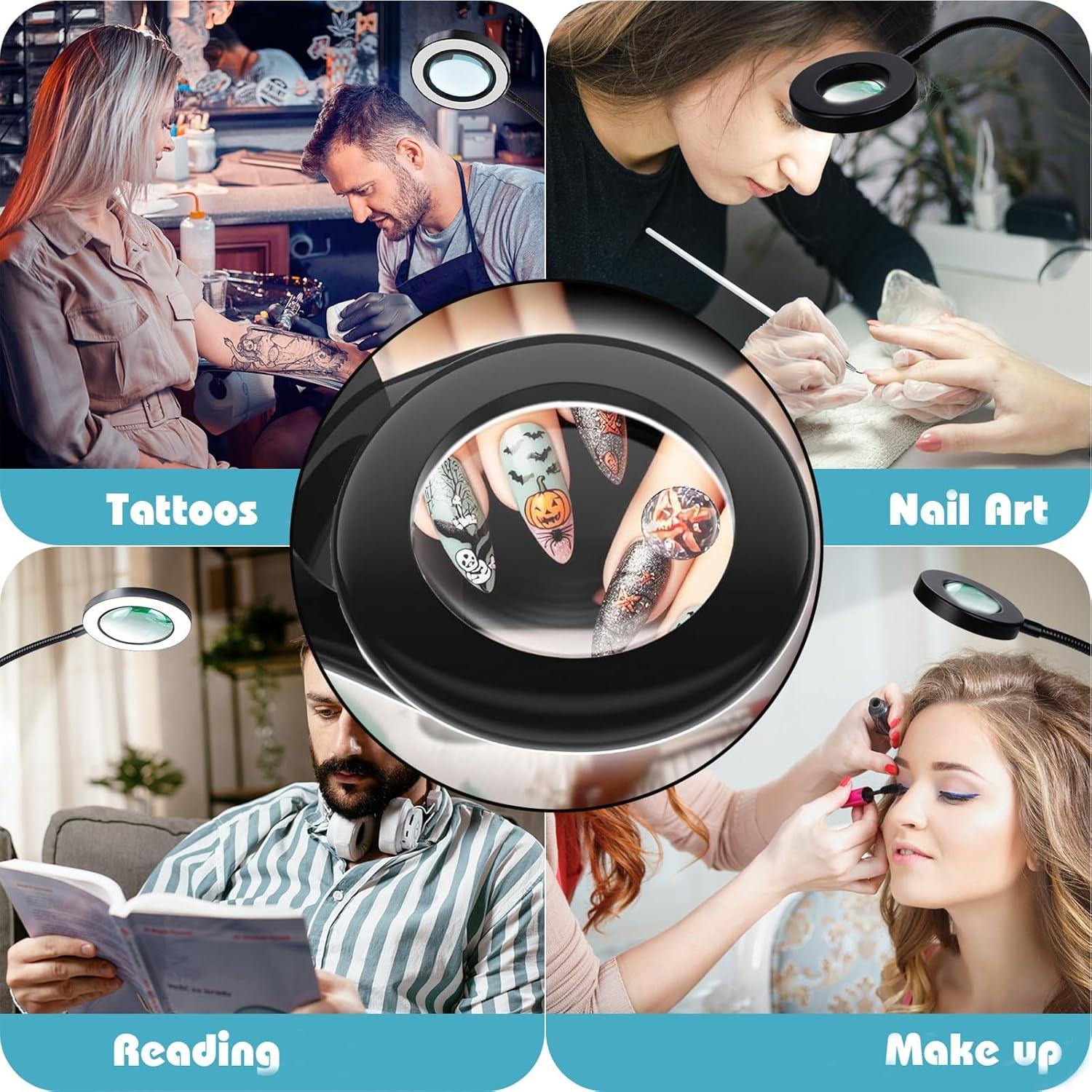 Desk Magnifying Glass with Light 10x, Magnifer with 3 Light Color, 10 Adjustable Brightness, Flexible Gooseneck, Magnifying Lamp with Clamp for Craft, Diamond Painting, Soldering, Elderly