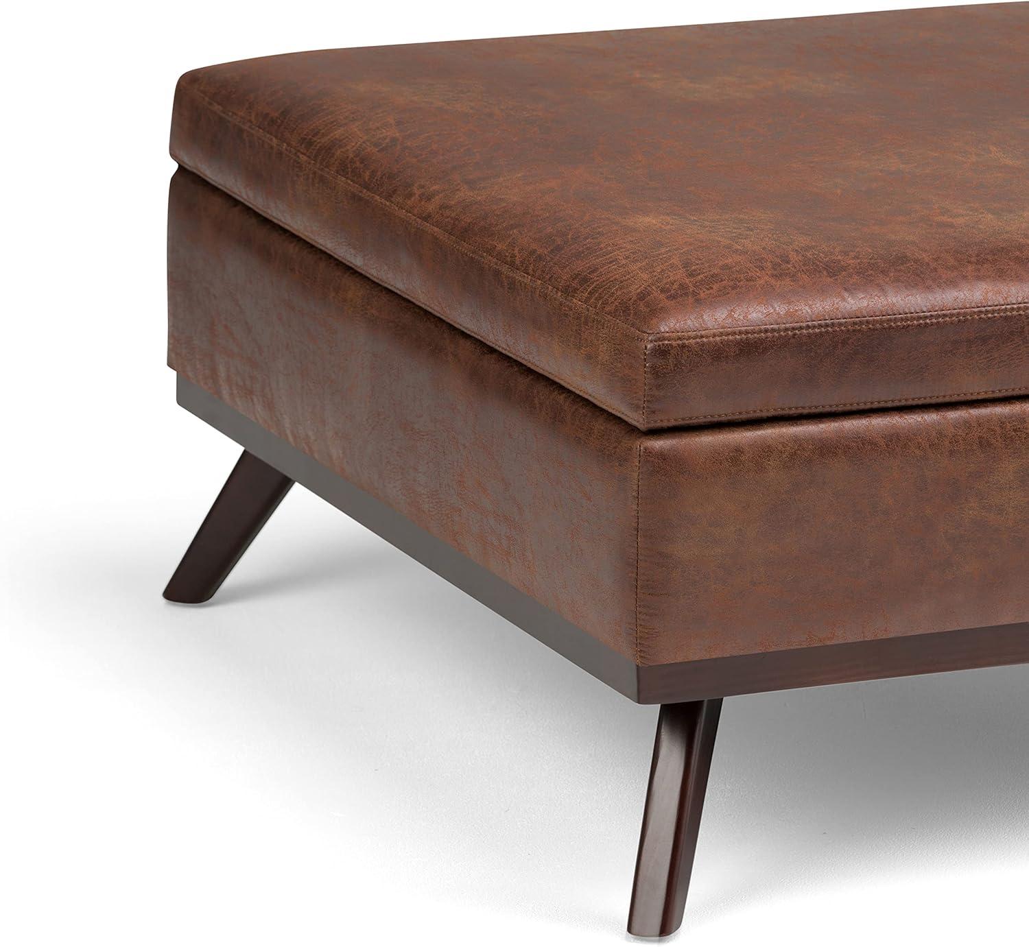 Simpli Home Owen Faux Air Leather Square Coffee Table Ottoman in Saddle Brown