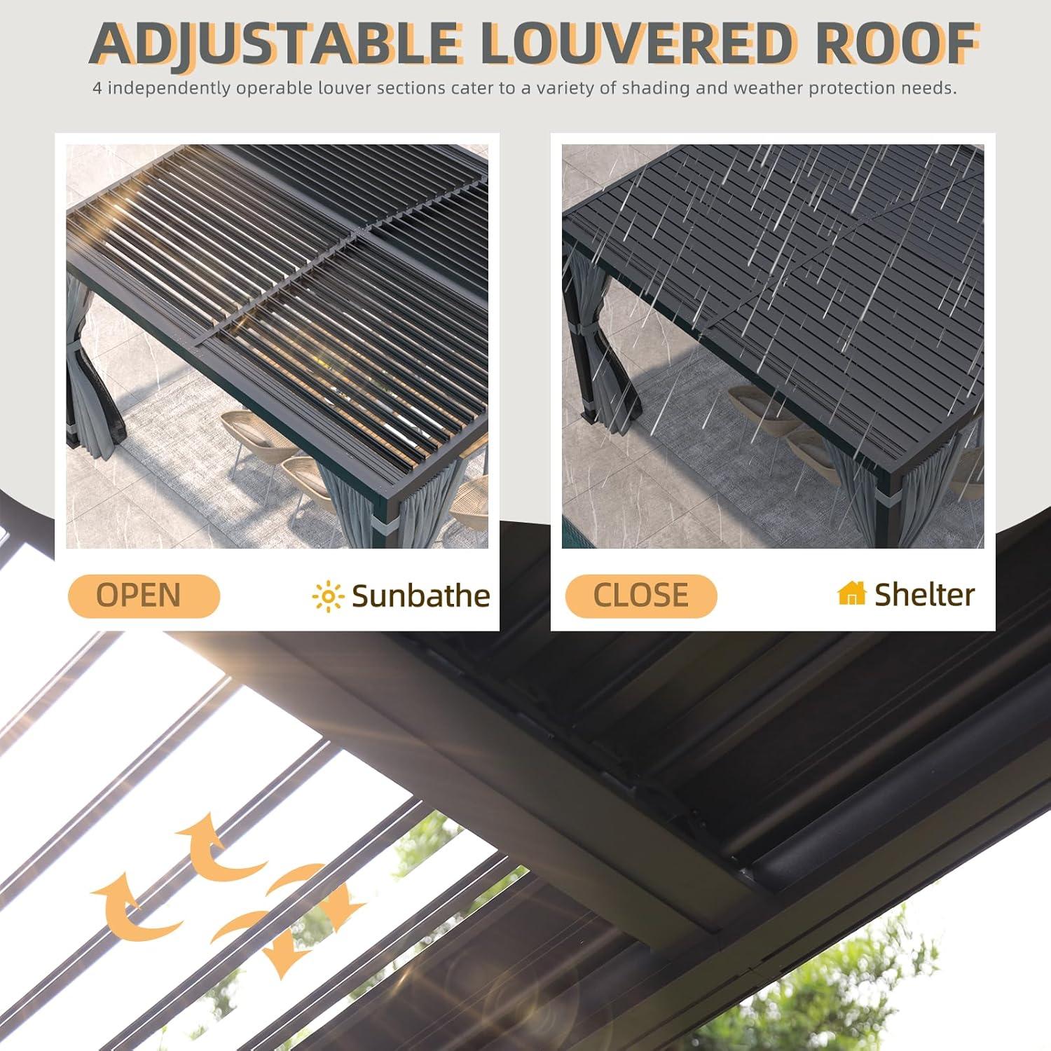 Erommy  Outdoor Louvered Pergola Gazebo with Adjustable Aluminum Rainproof Roof and Pull-Down Screen 11'x13' A Shape - Grey