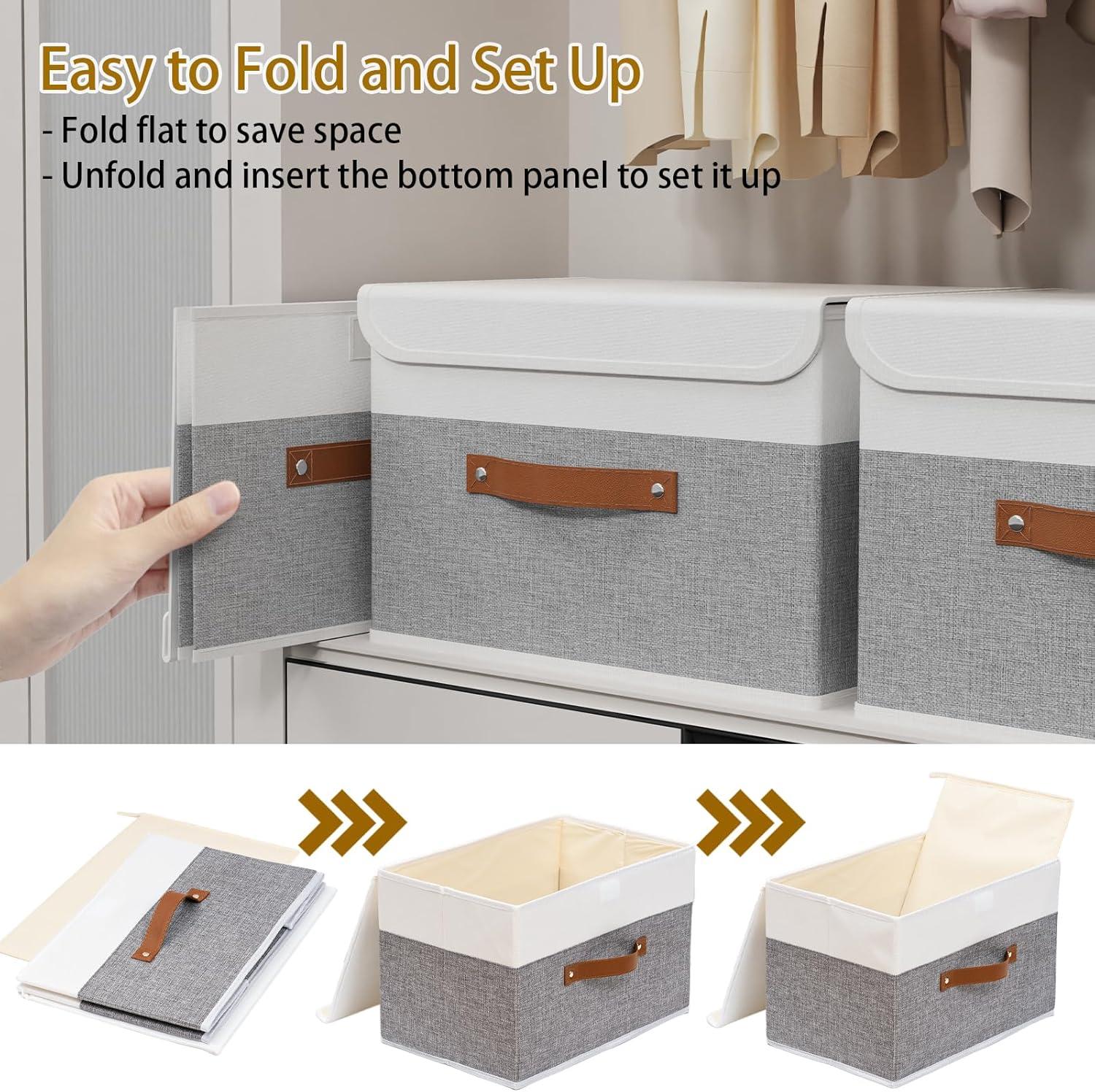 Yawinhe Storage Boxes with Lids, Linen Fabric Bin, Cube Organizer Basket, Washable and Leather Handle, for Home, Closet, White/Grey, 15.0''Lx9.8''Wx9.8''H, 1-Pack, USNK024WGL-1