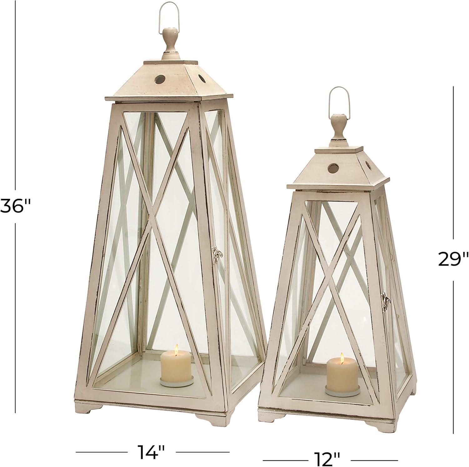 Olivia & May Set of 2 Triangular Wood and Glass Lanterns White: Iron Frame, Fits Any Candle Size