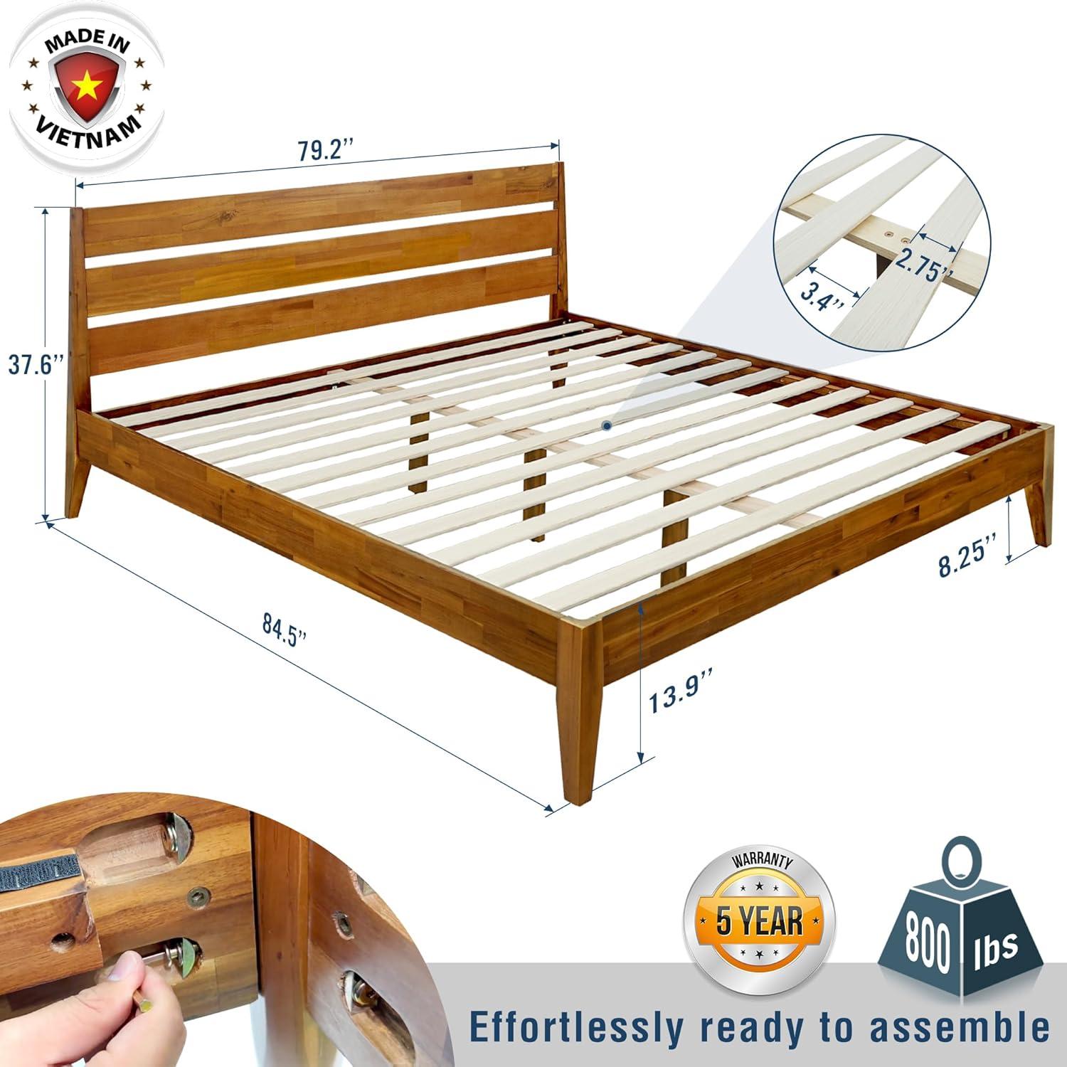 Acacia Premium Emery Solid Wood Platform Bed Frame with Headboard, Bed Frame Noise-Free, No Box Spring Needed
