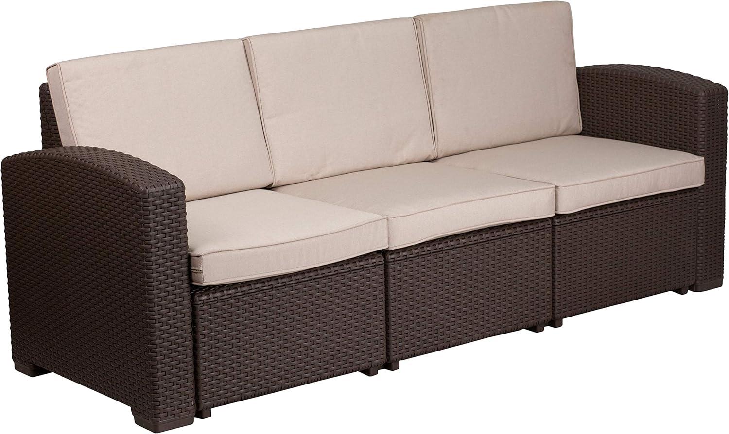 Merrick Lane 4 Piece Dark Gray Faux Rattan Patio Furniture Set with 2 Chairs and Sofa with Removable Light Gray Cushions and Table